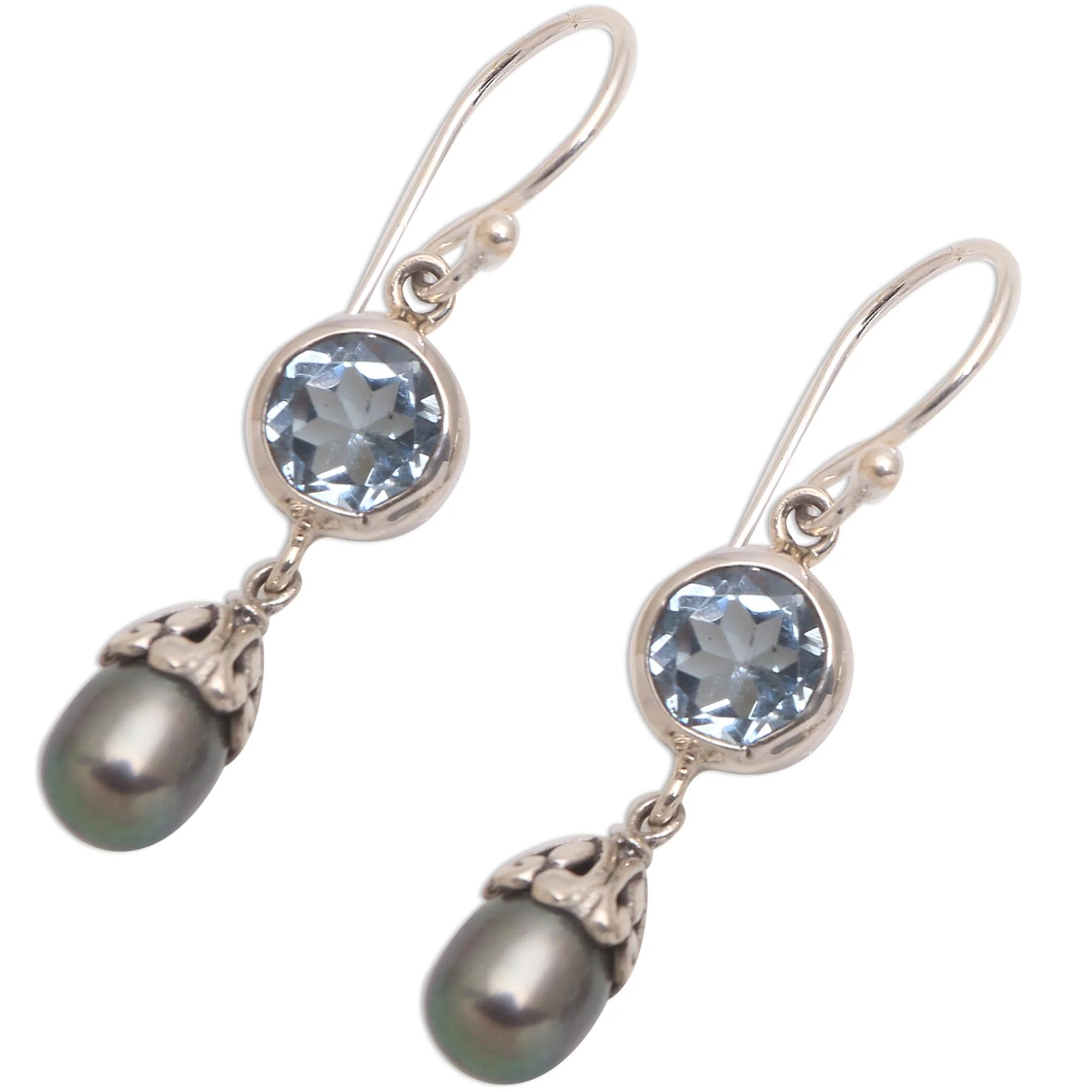 Fruit of Light Blue Topaz and Cultured Pearl Dangle Earrings from Bali - Image 4