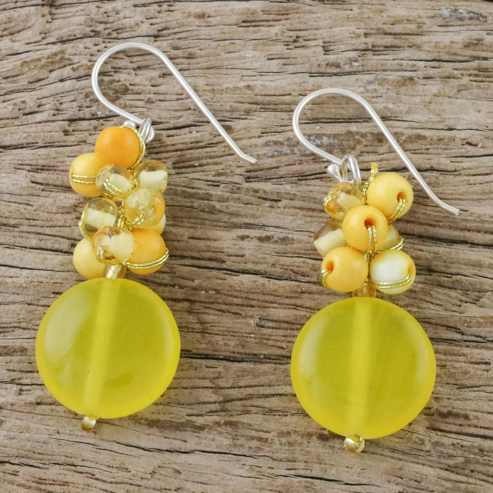Fun Circles in Yellow Quartz and Glass Bead Dangle Earrings from Thailand - Image 3
