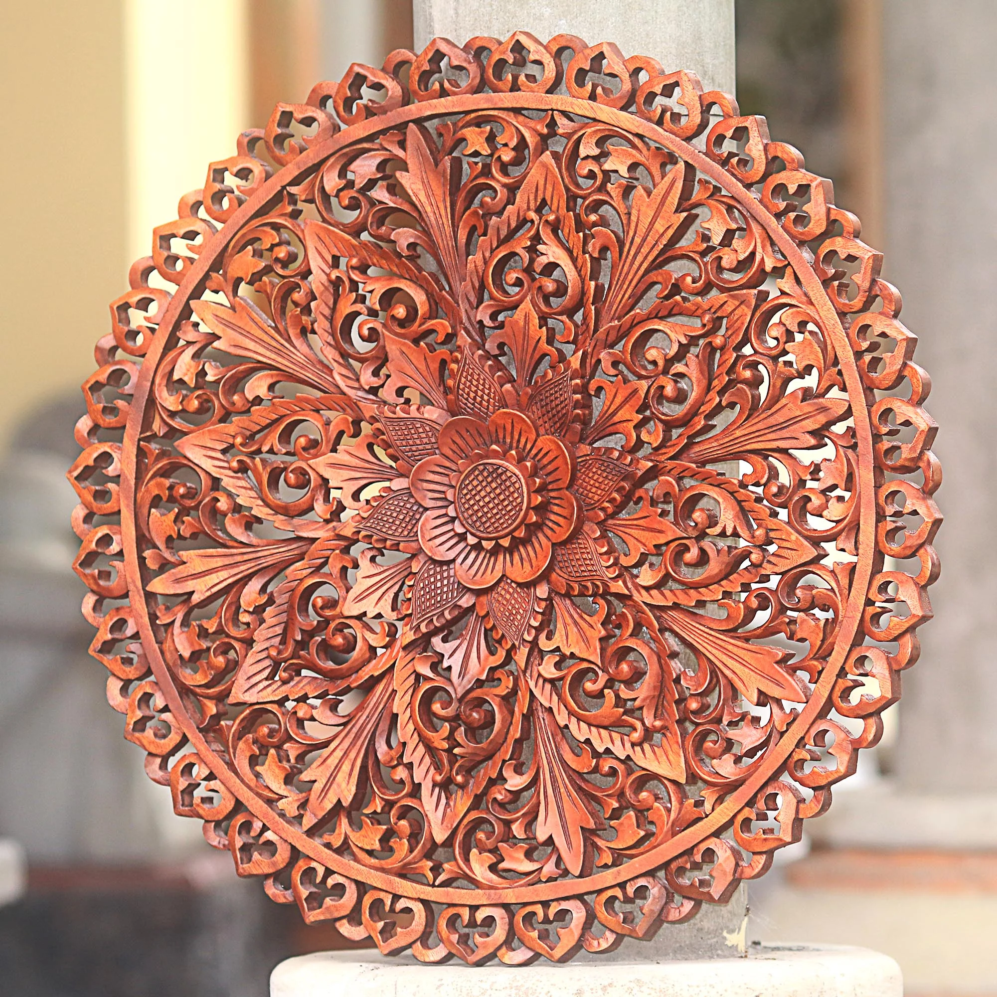 Gallant Flower Hand Carved Flower Motif Suar Wood Wall Relief Panel - Image 3