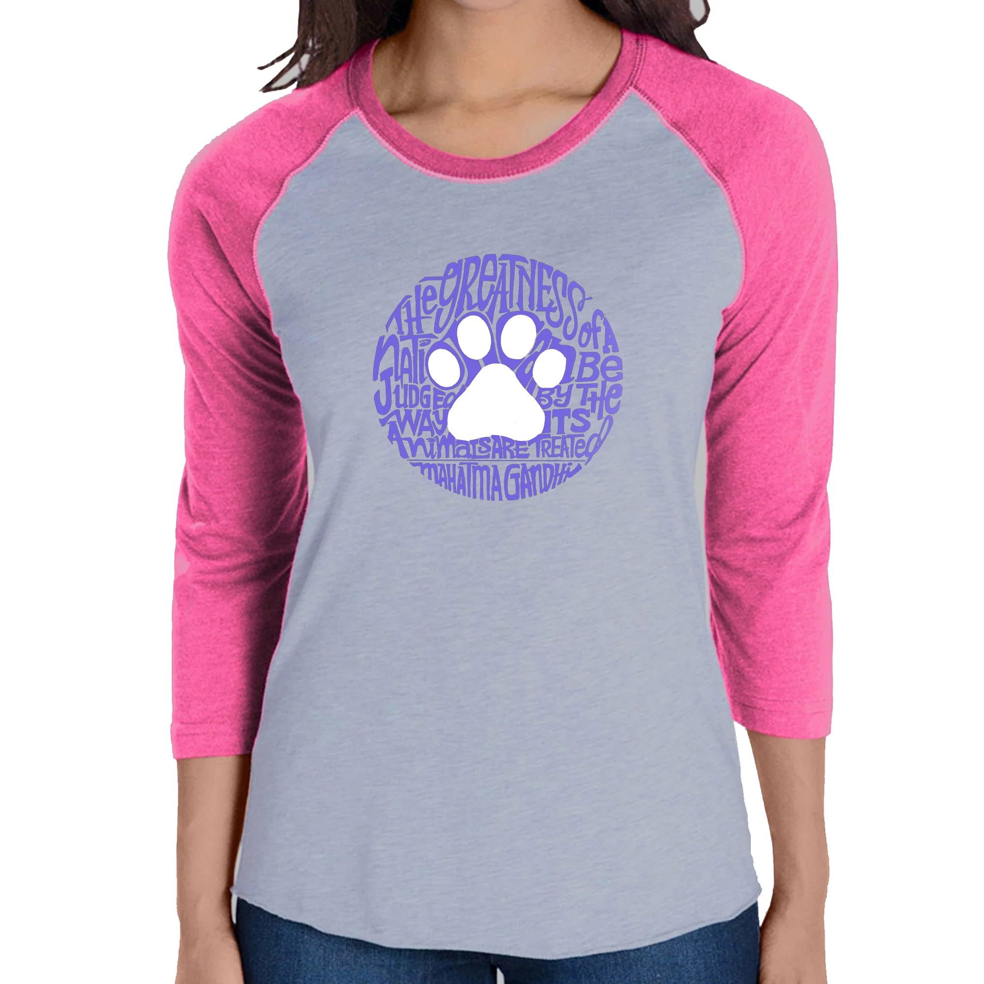 Gandhi's Quote on Animal Treatment  - Women's Raglan Baseball Word Art T-Shirt - Image 2