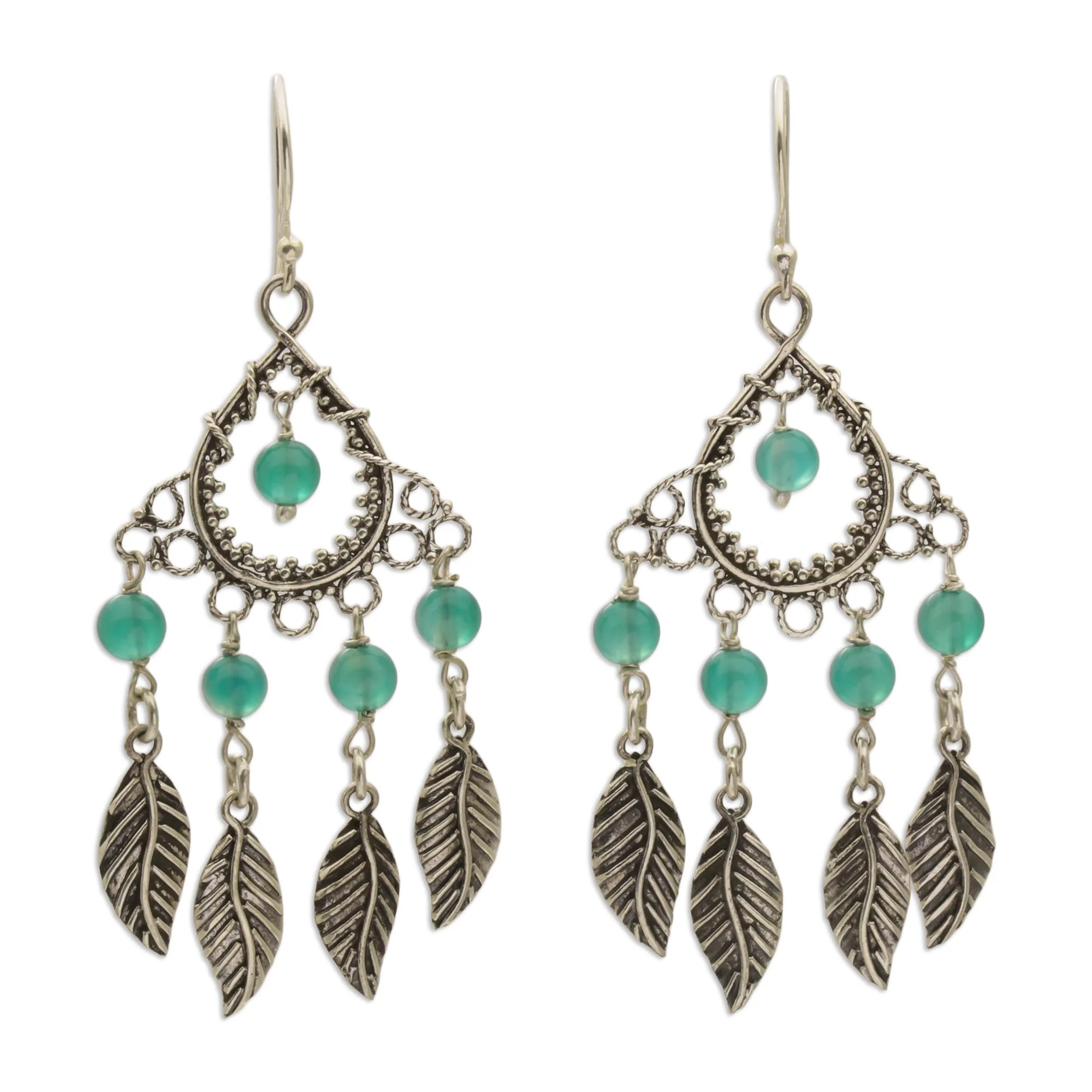 Garden Leaves Sterling Silver and Agate Leaf Chandelier Earrings from Bali - Image 2