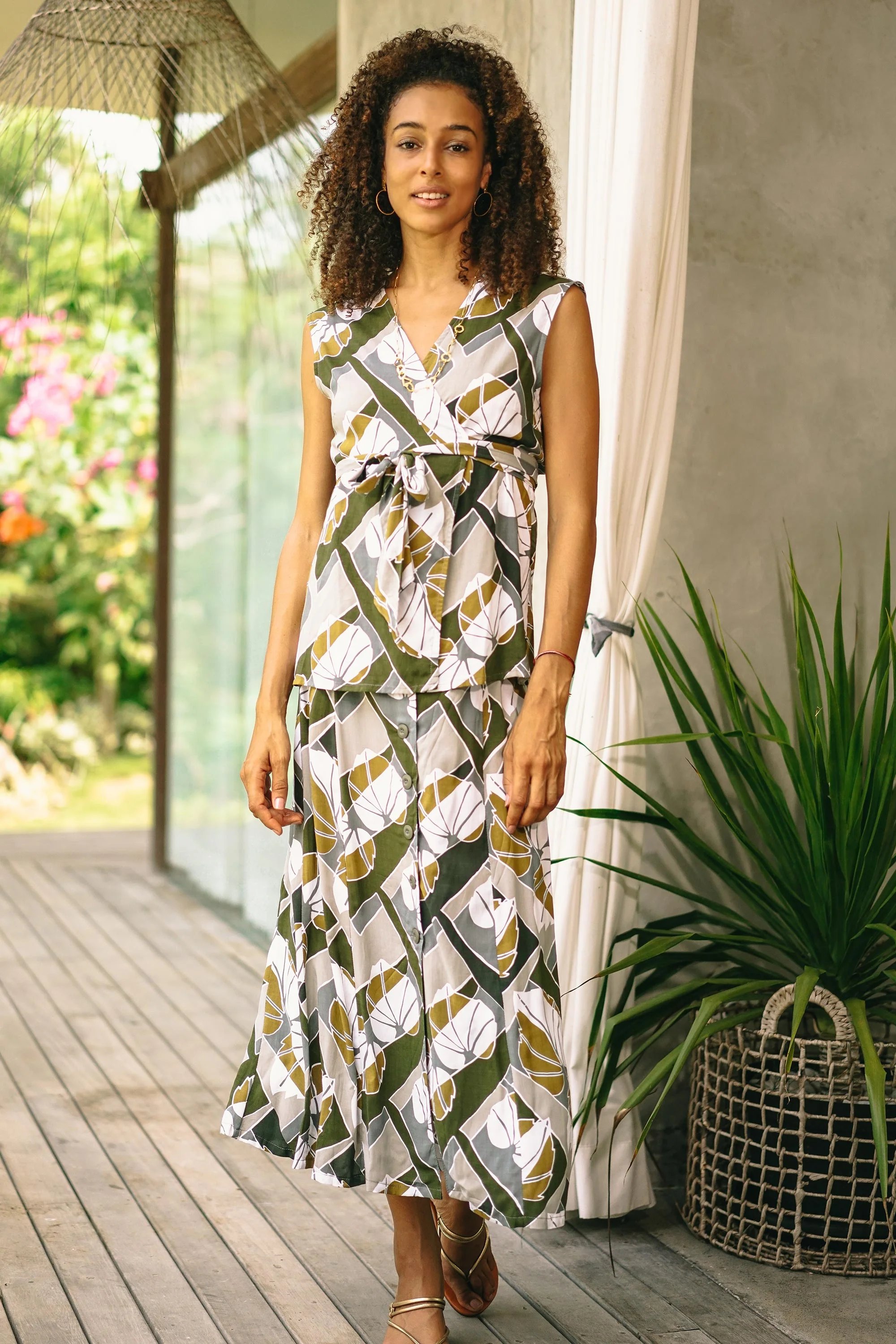 Garden Party Handmade Leaf-Themed Rayon Wrap Blouse from Bali - Image 3