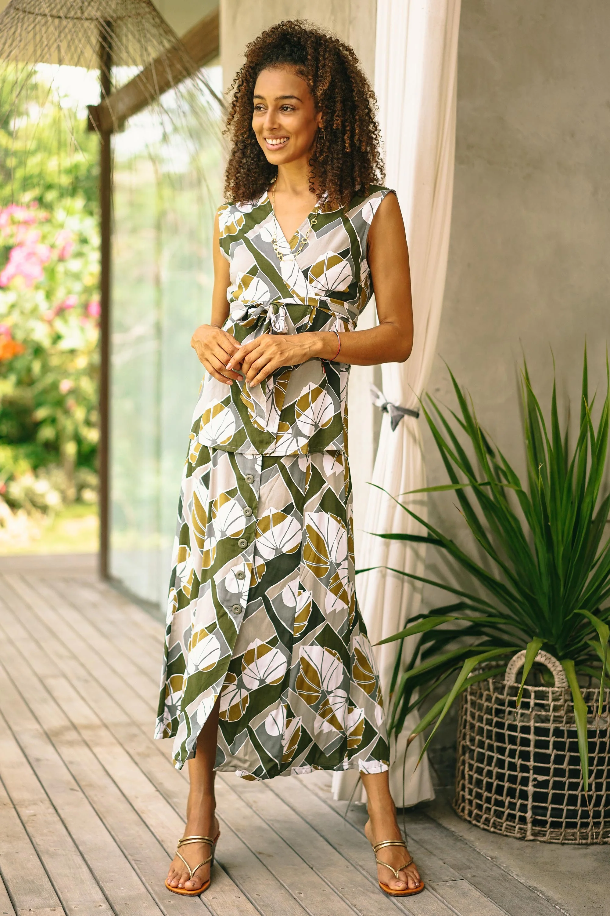 Garden Party Handmade Leaf-Themed Rayon Wrap Blouse from Bali - Image 4