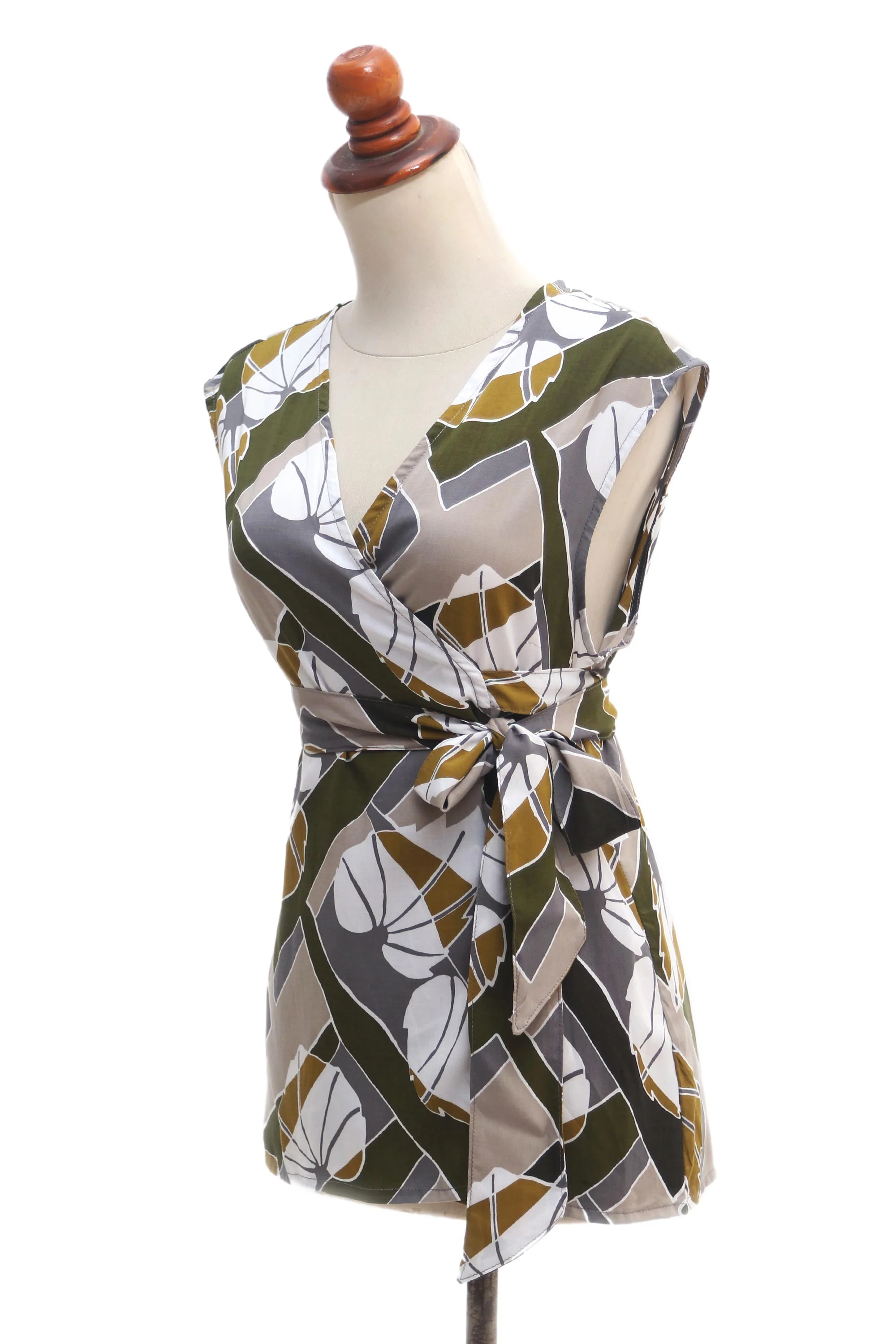 Garden Party Handmade Leaf-Themed Rayon Wrap Blouse from Bali - Image 5