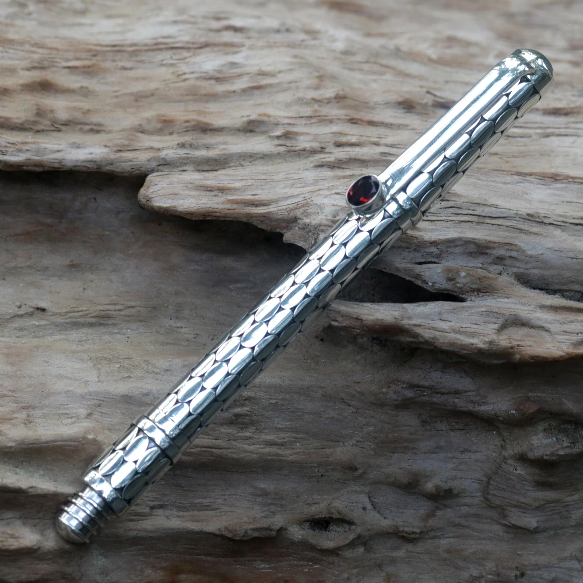 Garnet Gleam Handmade Indonesian Sterling Silver and Garnet Ballpoint Pen - Image 3