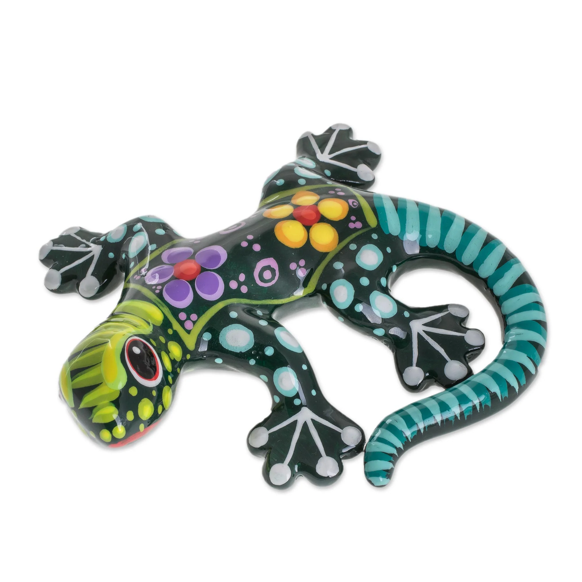 Gecko of the Garden in Green Hand Painted Green Multi-Color Floral Motif Ceramic Gecko - Image 2