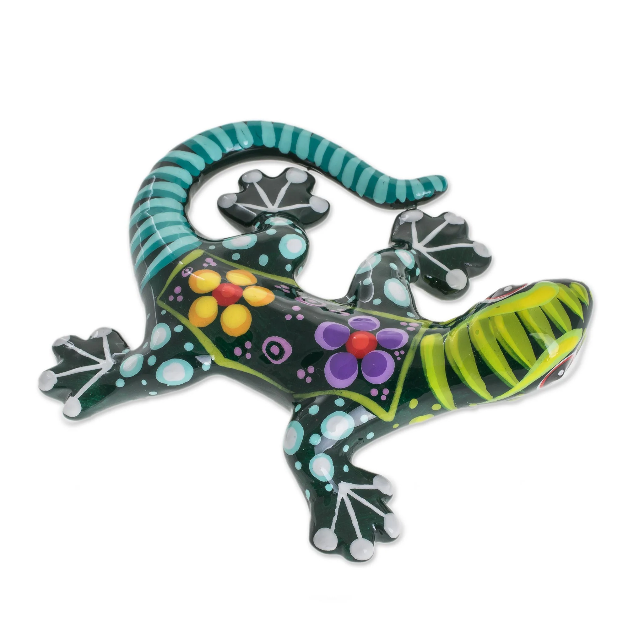 Gecko of the Garden in Green Hand Painted Green Multi-Color Floral Motif Ceramic Gecko - Image 3