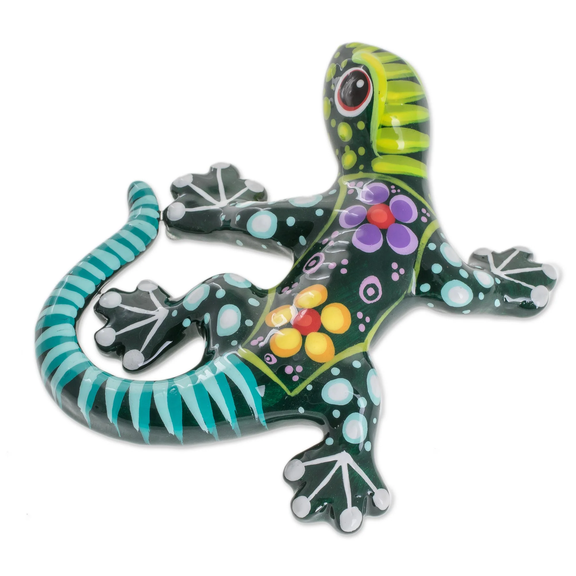 Gecko of the Garden in Green Hand Painted Green Multi-Color Floral Motif Ceramic Gecko - Image 4