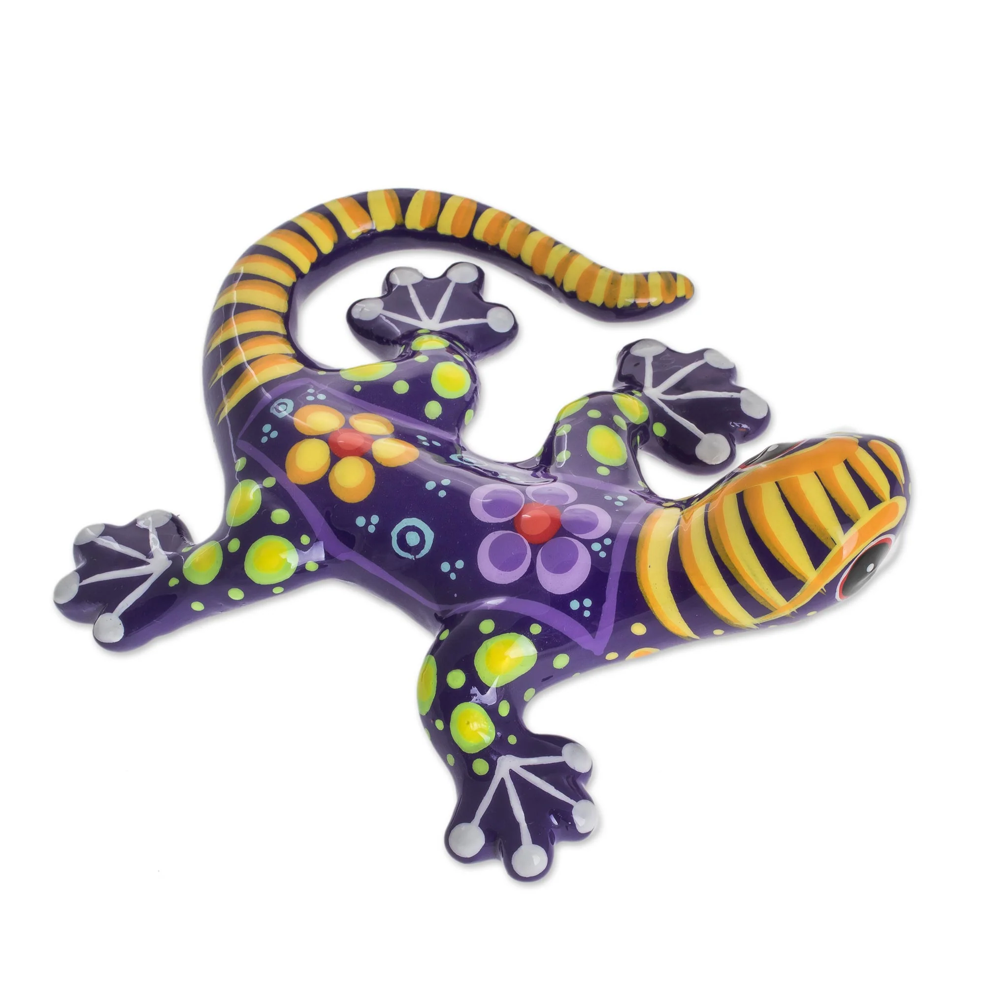 Gecko of the Garden in Purple Hand Painted Purple and Yellow Floral Motif Ceramic Gecko - Image 3