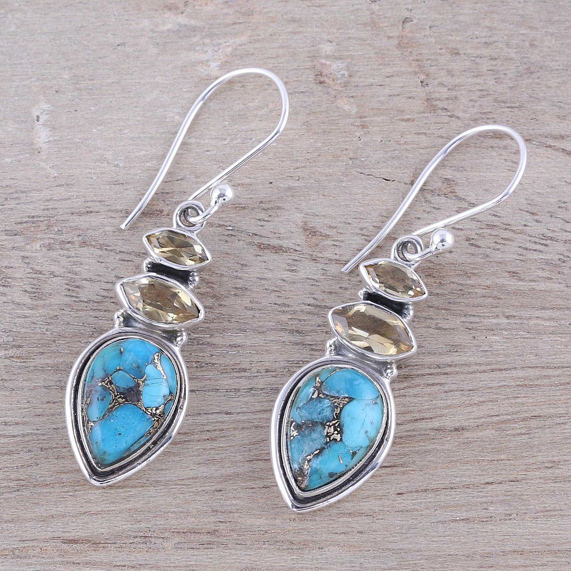 Gemstone Allure Citrine and Composite Turquoise Dangle Earrings from India - Image 3