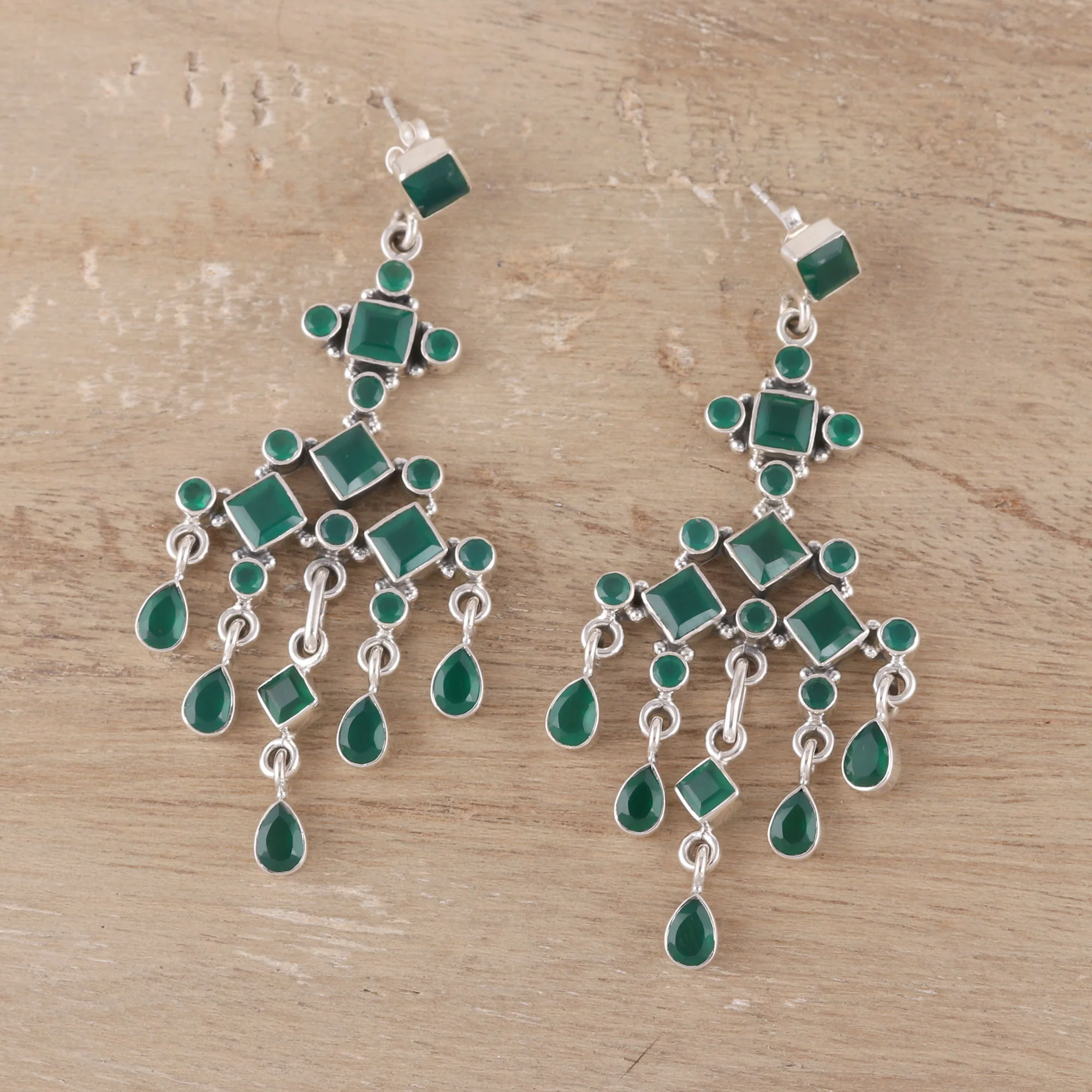 Gemstone Fountain Green Onyx Chandelier Earrings from India - Image 3