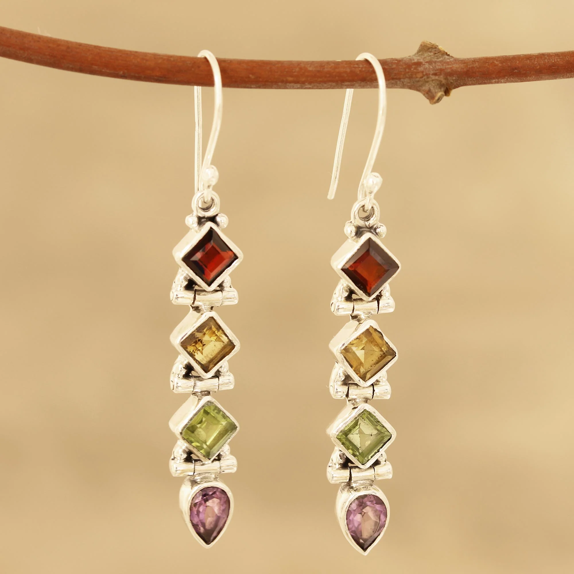 Gemstone Fusion Faceted Multi-Gemstone Dangle Earrings from India