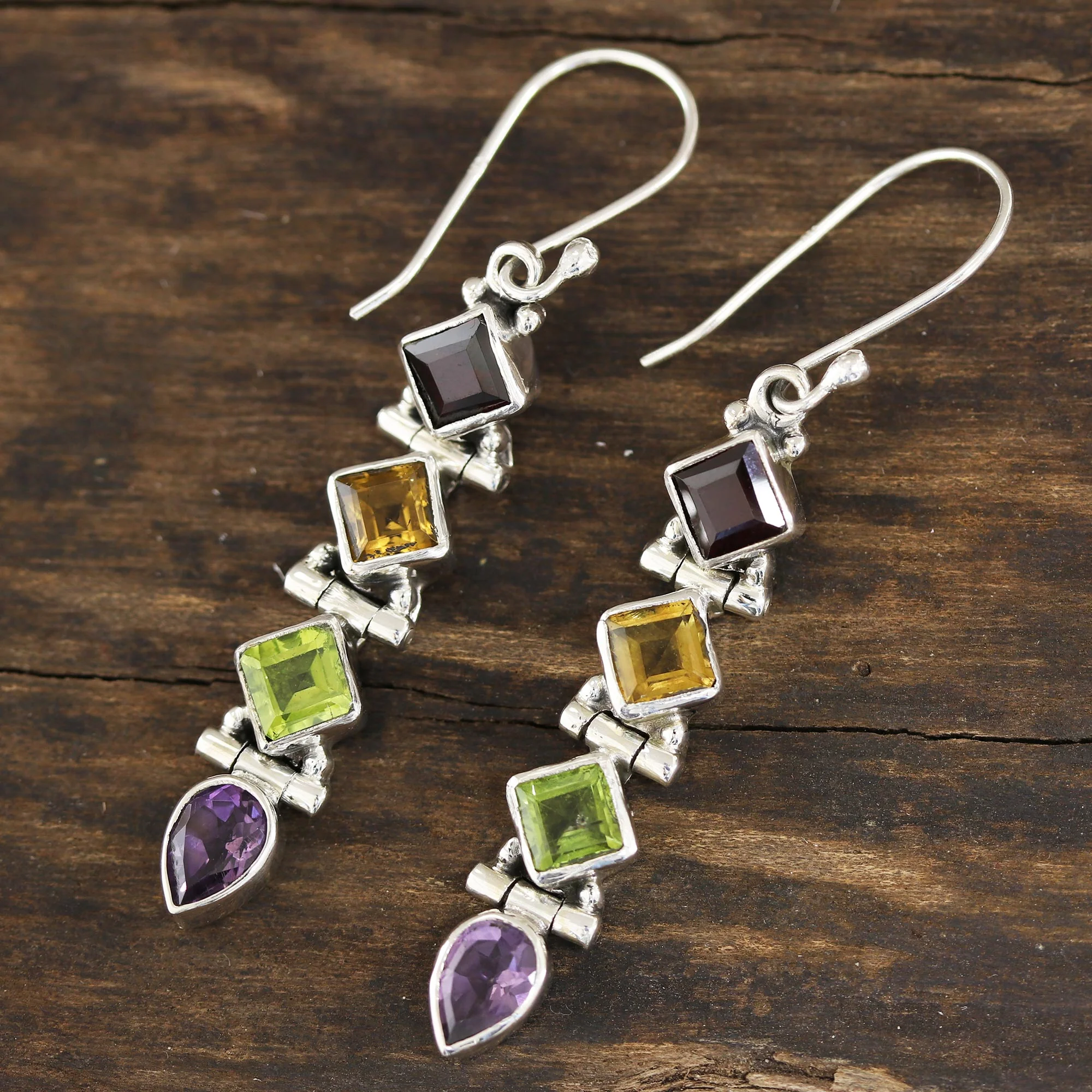 Gemstone Fusion Faceted Multi-Gemstone Dangle Earrings from India - Image 3