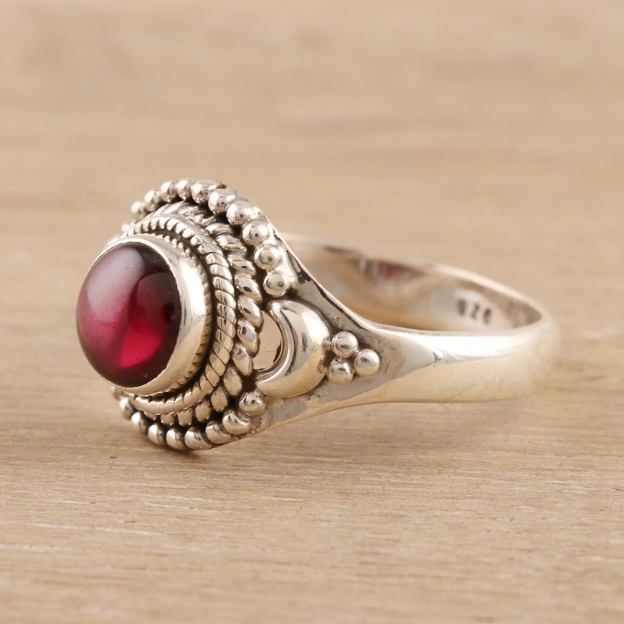 Gemstone Moon Garnet and Sterling Silver Cocktail Ring from India - Image 3