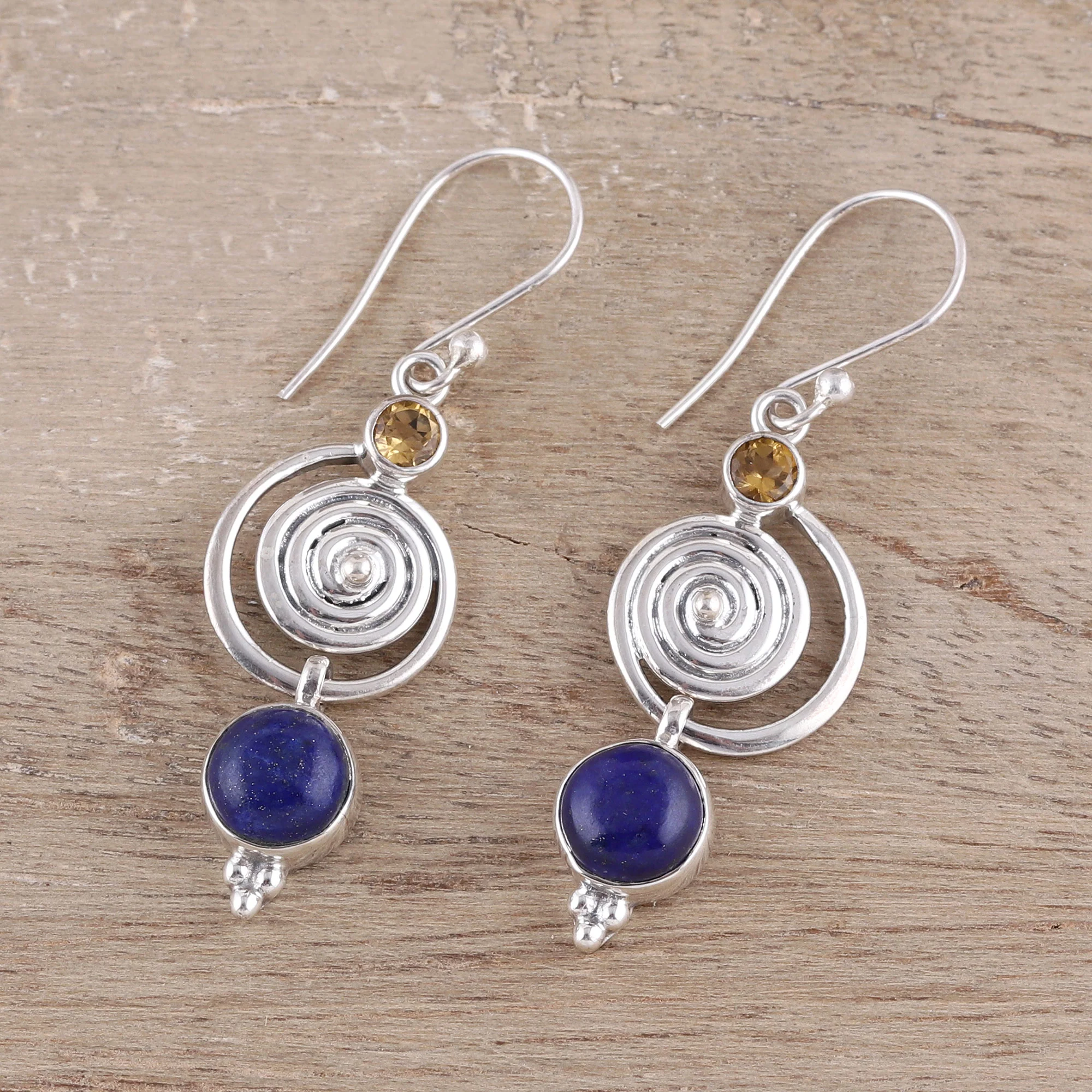 Gemstone Swirl Swirl Pattern Lapis Lazuli and Citrine Dangle Earrings - Image 3