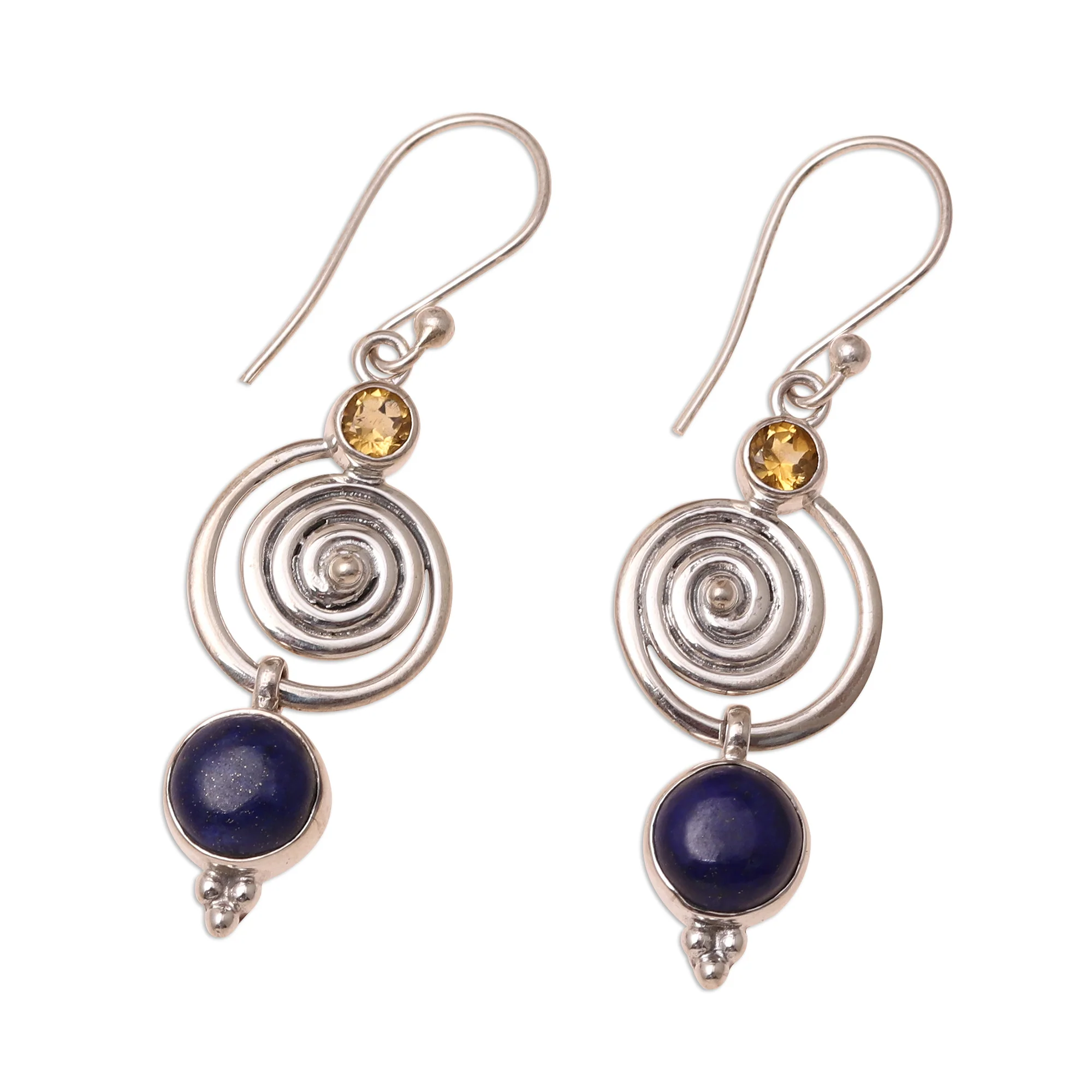 Gemstone Swirl Swirl Pattern Lapis Lazuli and Citrine Dangle Earrings - Image 4