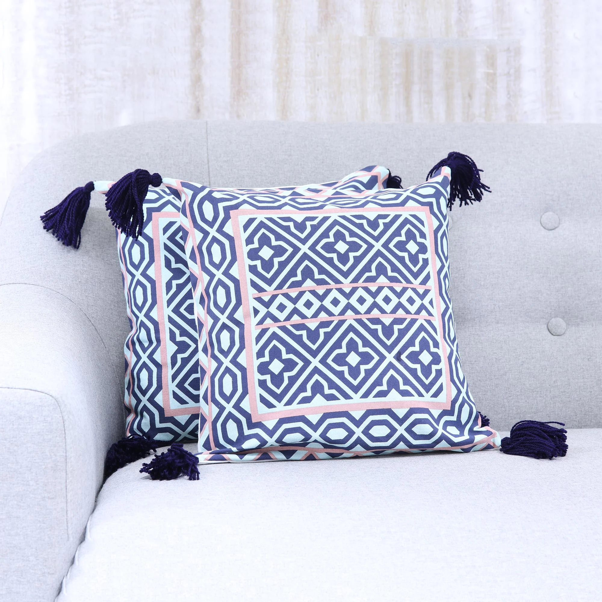 Geometric Blooms Navy Coral and Aqua Geometric Pair of Cotton Cushion Covers