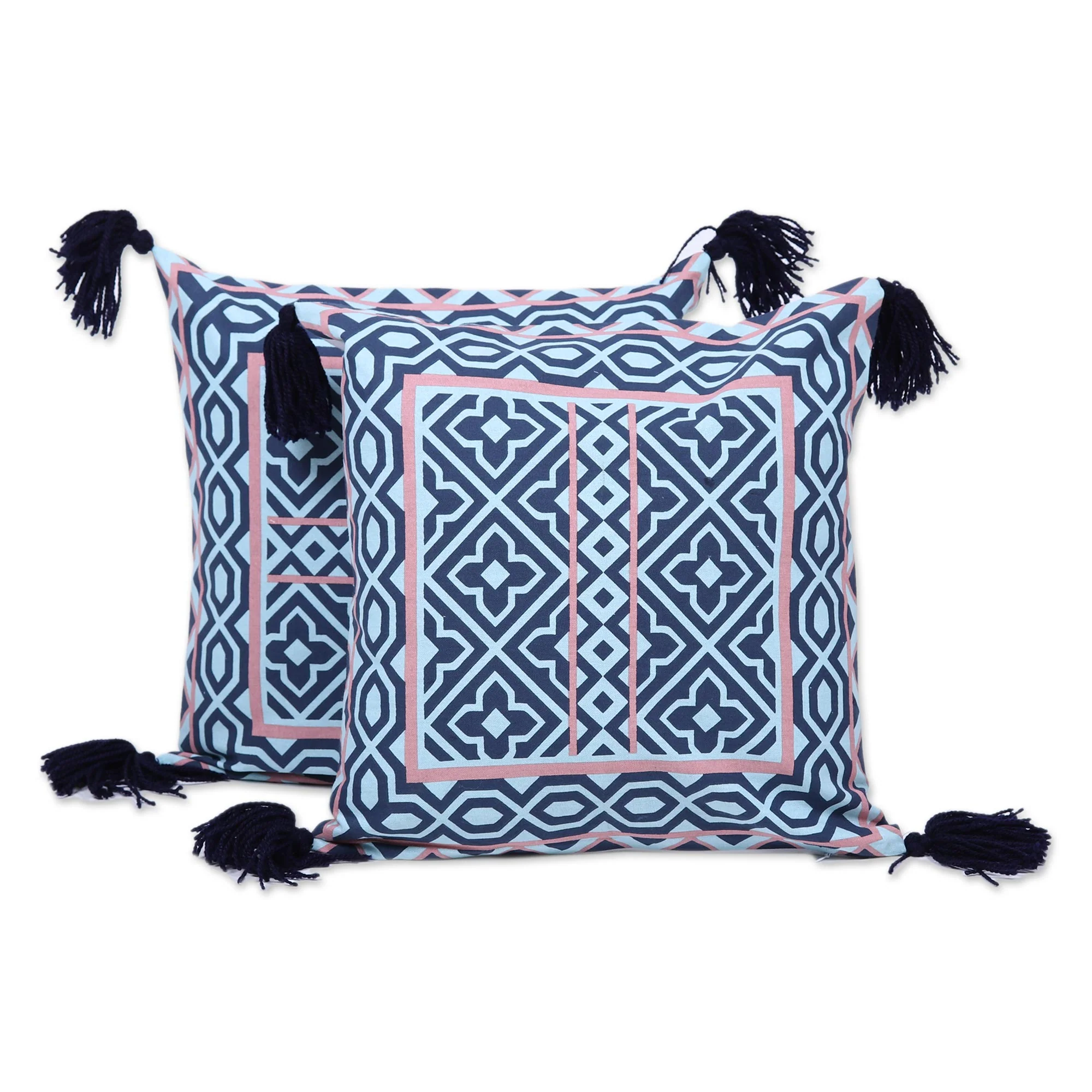 Geometric Blooms Navy Coral and Aqua Geometric Pair of Cotton Cushion Covers - Image 2