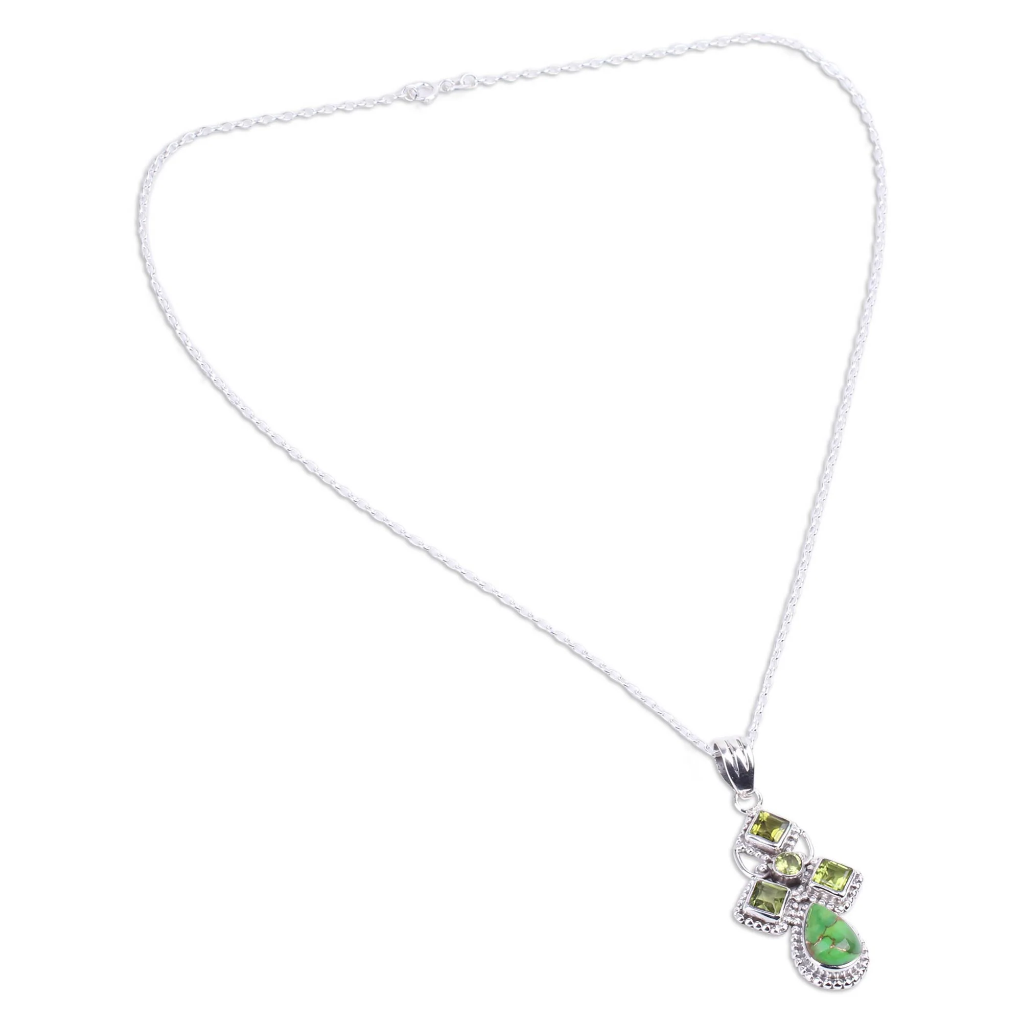 Geometric Illusions in Green Green Peridot and Composite Turquoise India Silver Necklace - Image 2