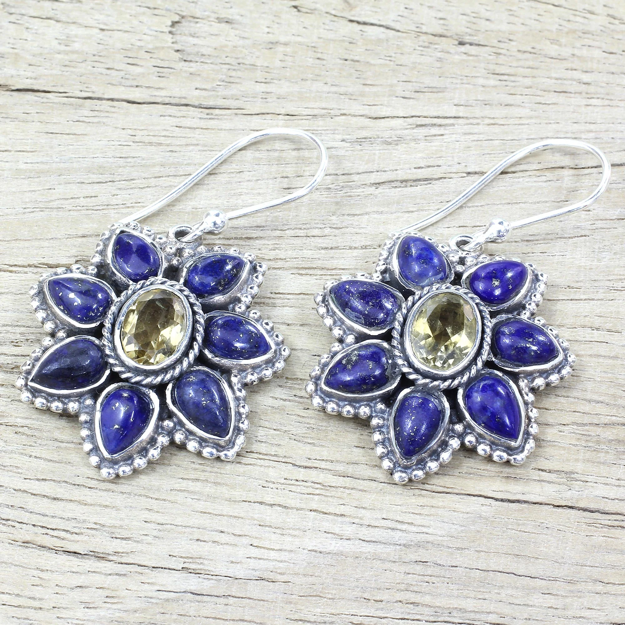 Geranium Blossoms Lapis Lazuli Citrine Floral Dangle Earrings from India - Image 3