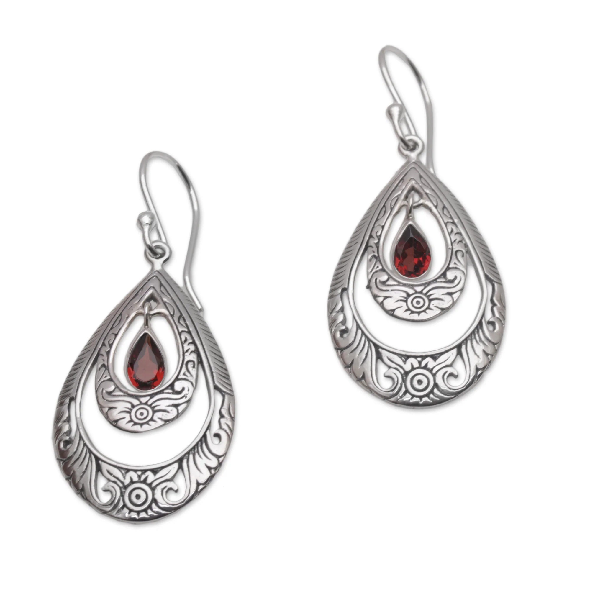 Gift of Flowers in Red Artisan Handmade Garnet 925 Sterling Silver Earrings - Image 2