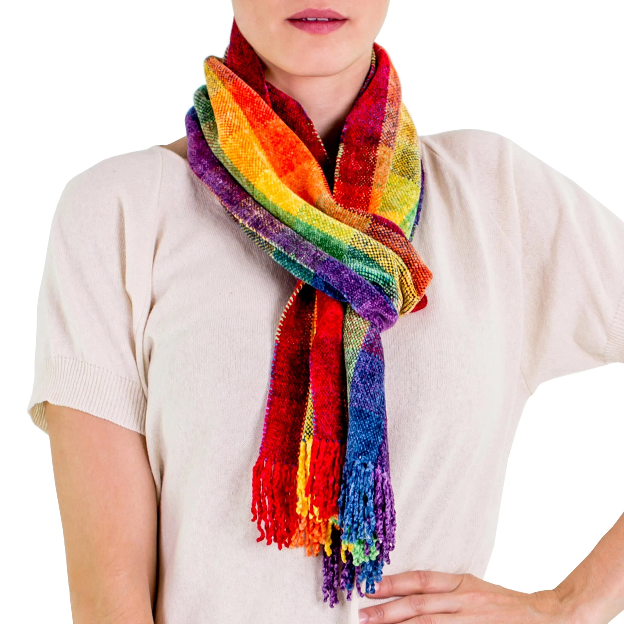 Gift of the Rainbow Guatemalan Rainbow Colored Rayon Chenille Scarf - Image 2