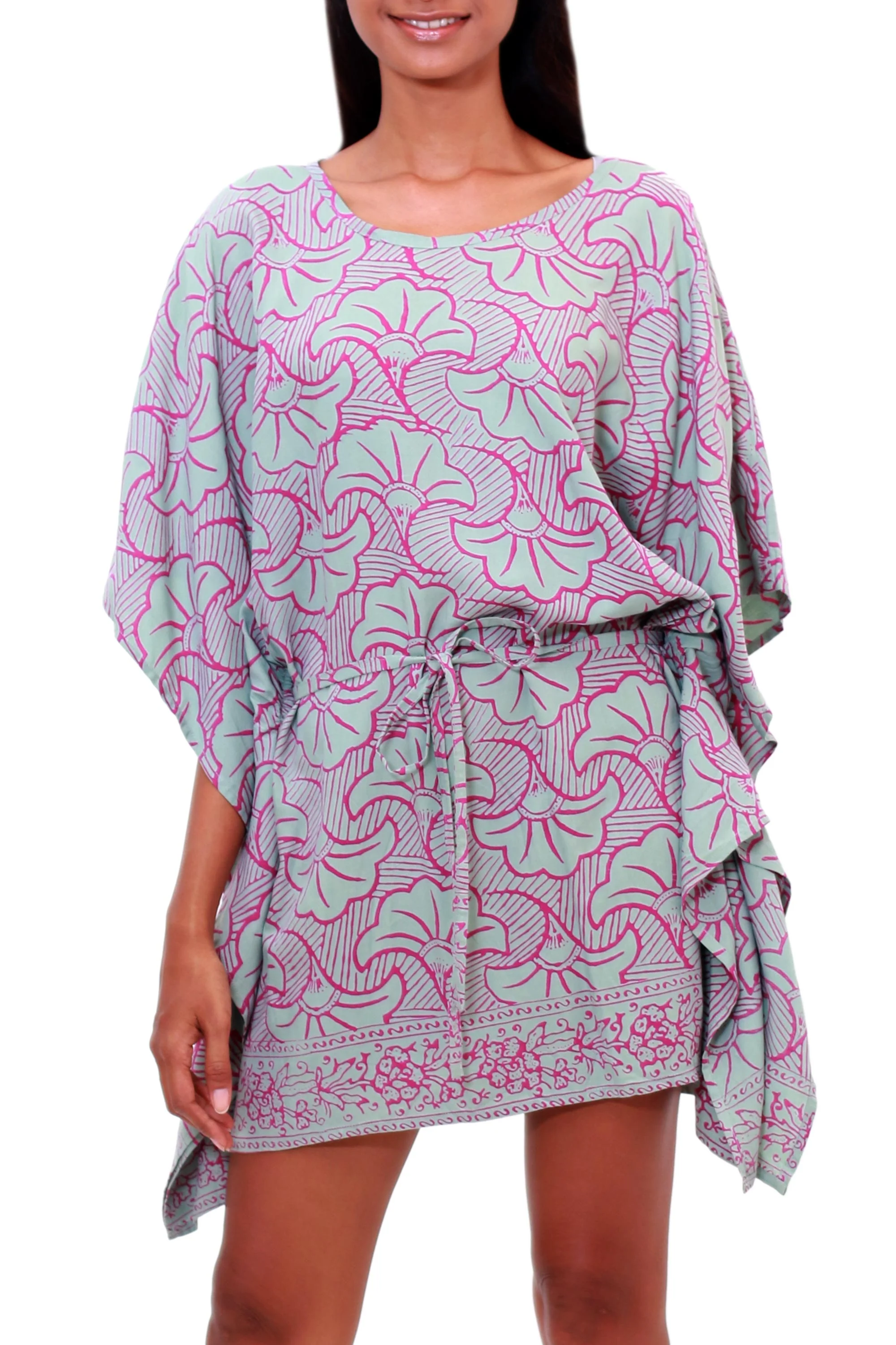 Gingko Leaf Batik Rayon Caftan in Mint and Magenta from Bali - Image 2