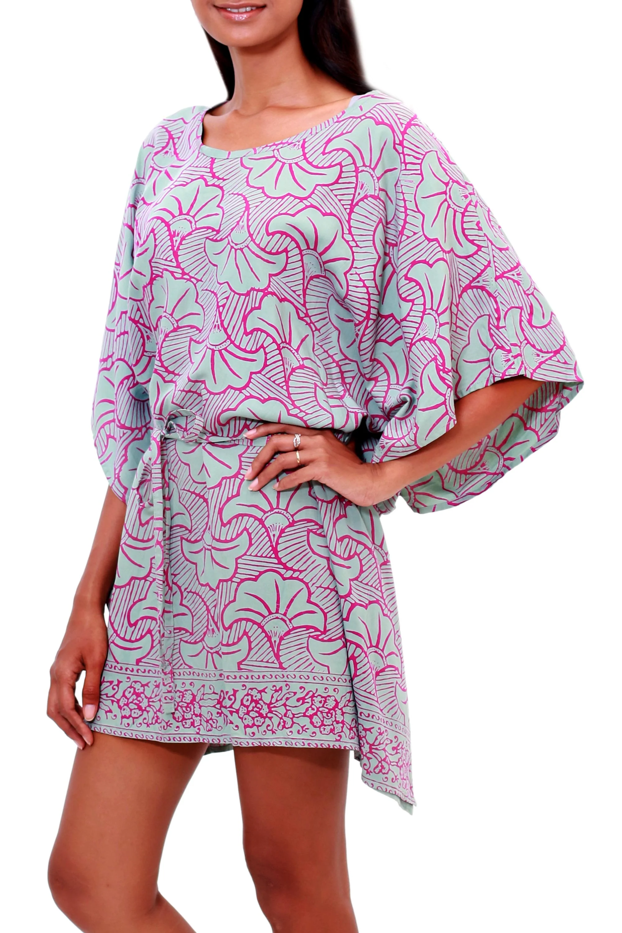 Gingko Leaf Batik Rayon Caftan in Mint and Magenta from Bali - Image 4