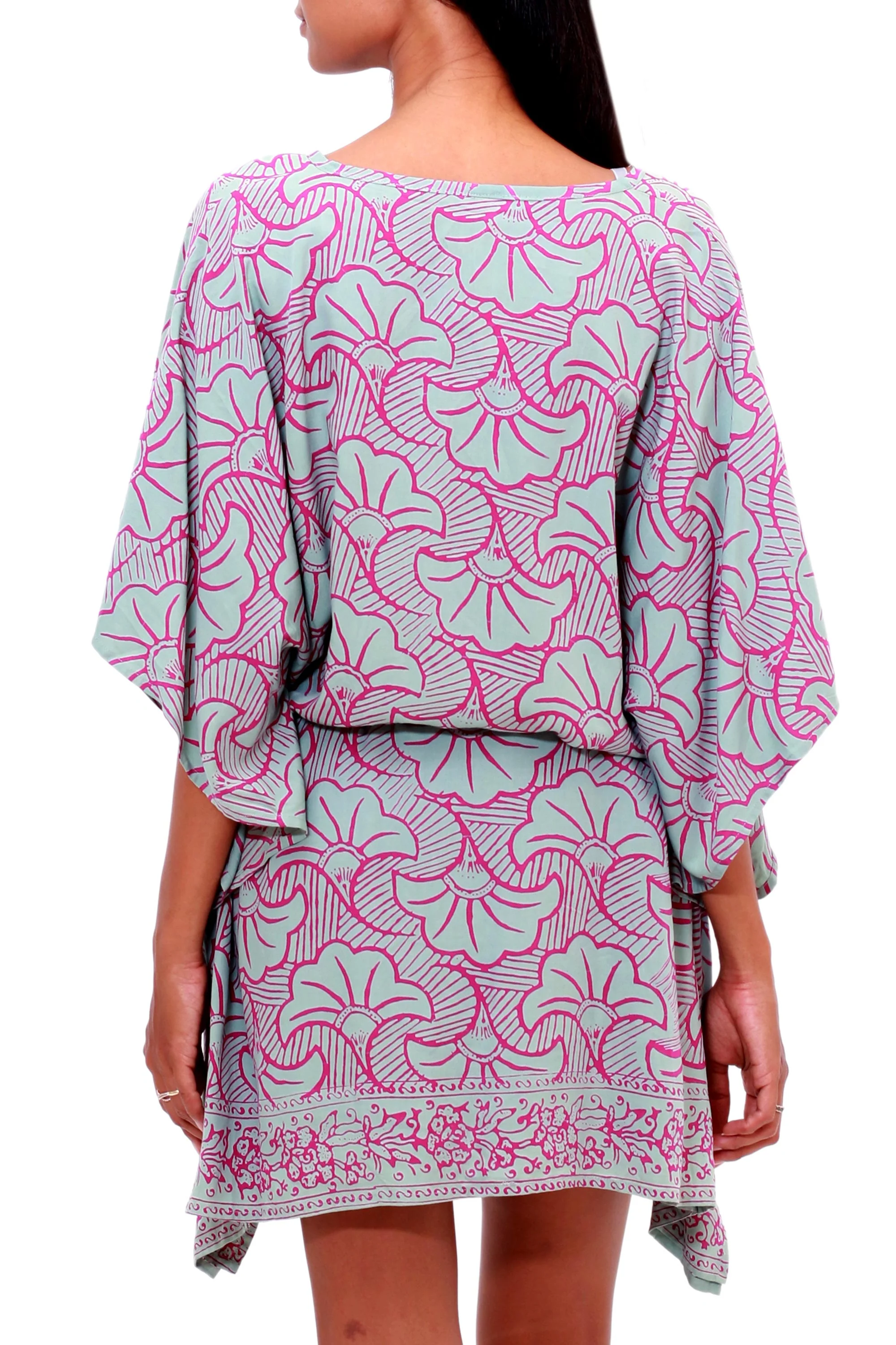 Gingko Leaf Batik Rayon Caftan in Mint and Magenta from Bali - Image 5
