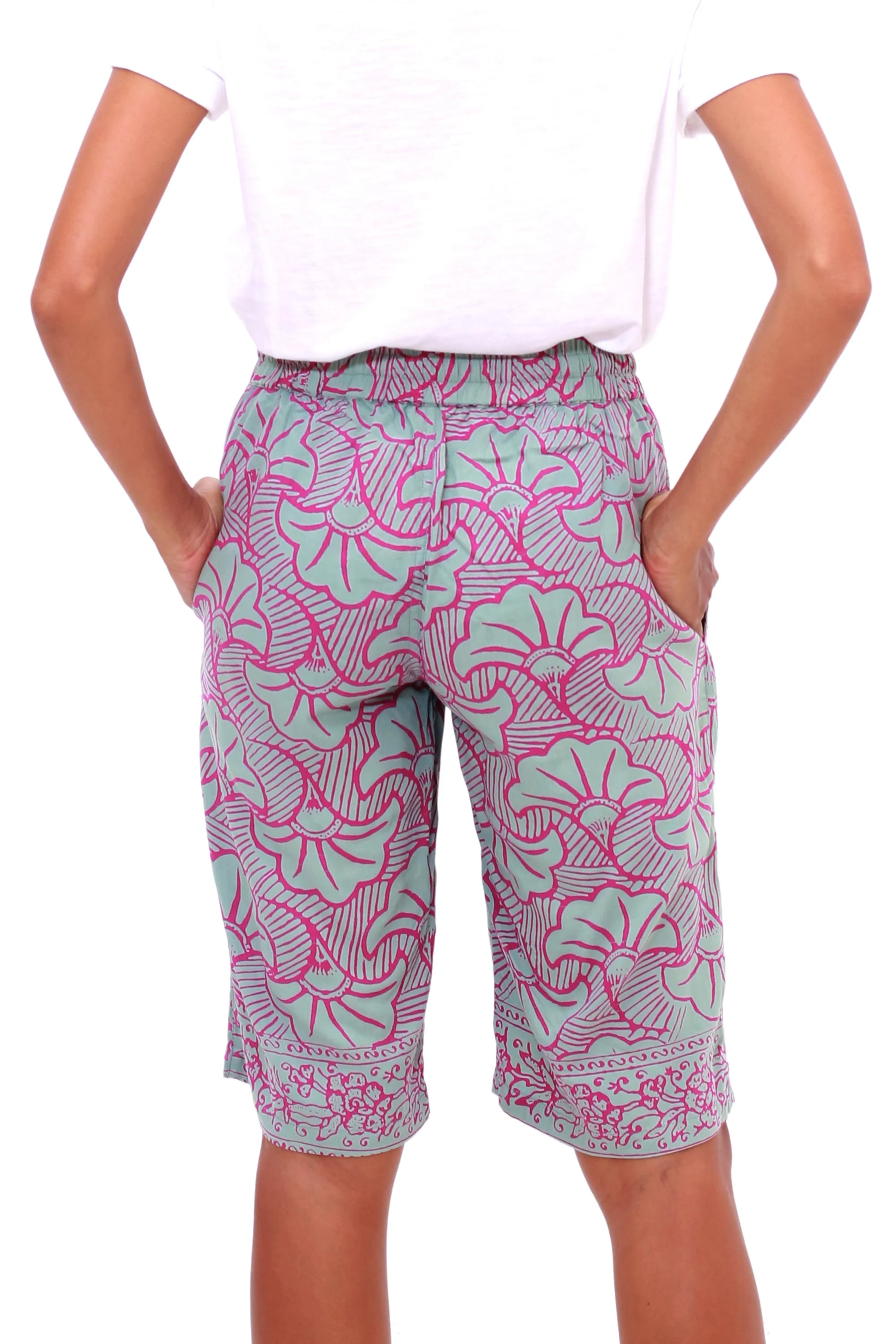 Gingko Leaf Batik Rayon Shorts in Mint and Magenta from Bali - Image 5