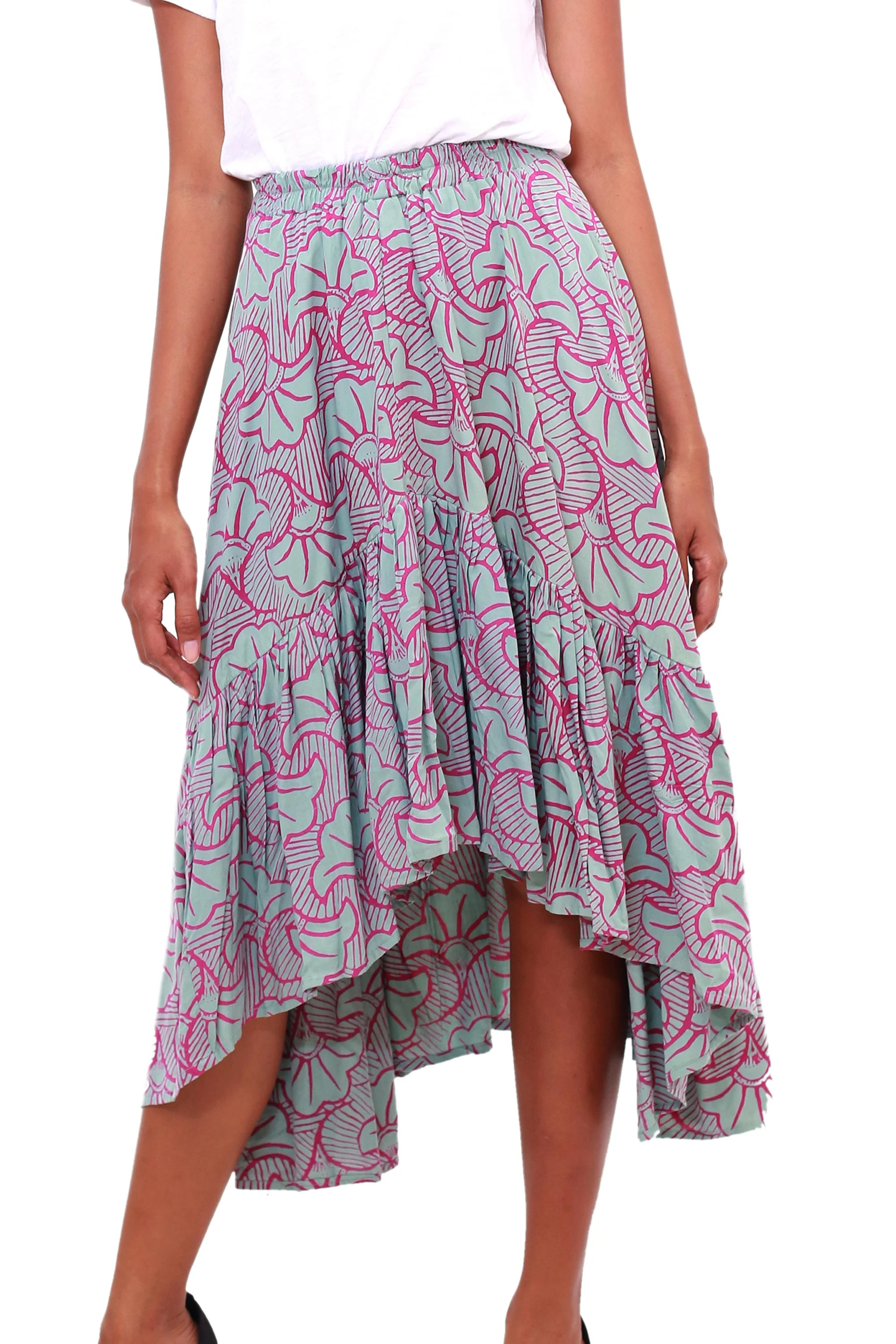 Gingko Leaf Batik Rayon Skirt in Green and Magenta from Bali - Image 2
