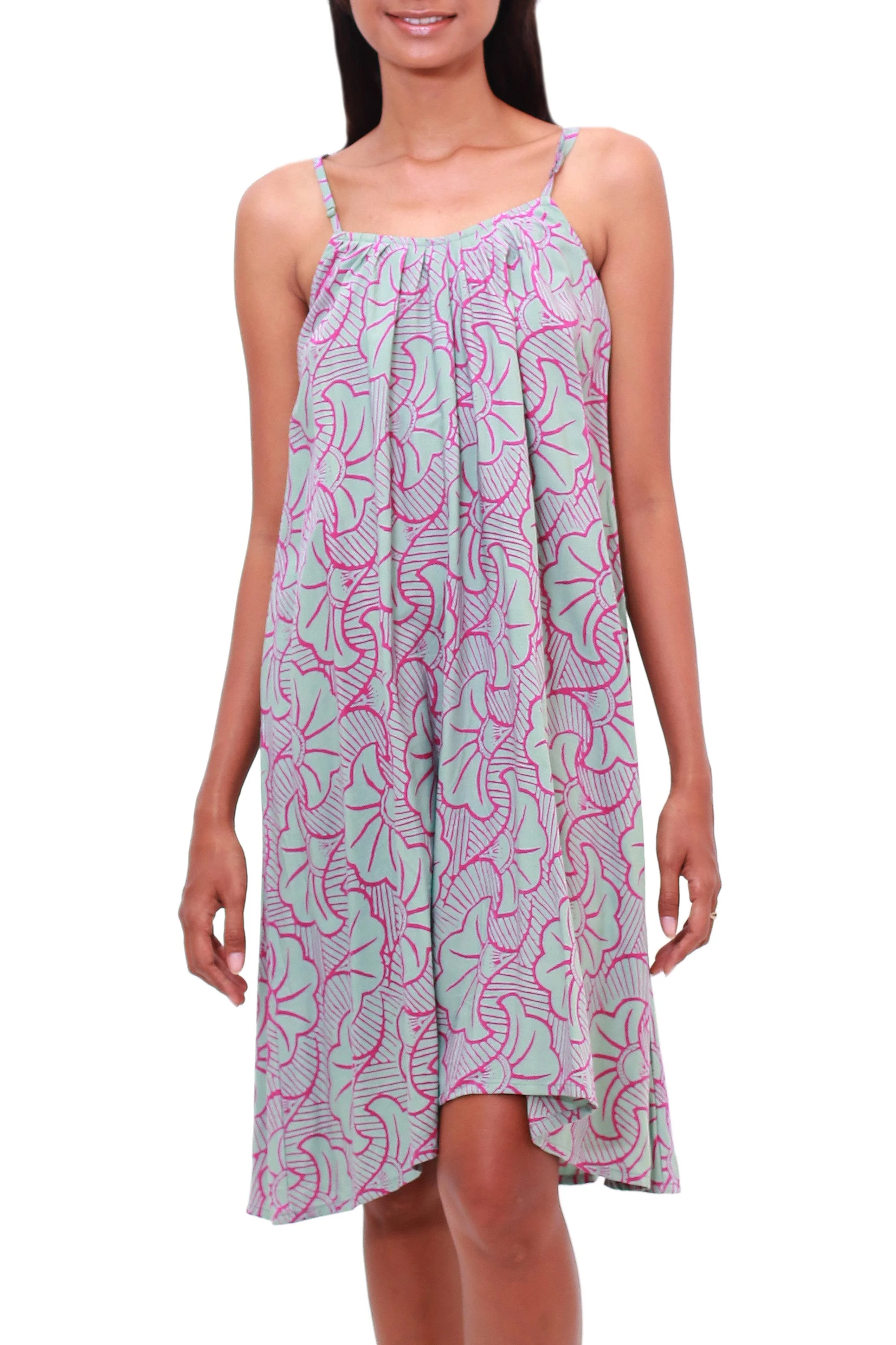 Gingko Leaf Batik Rayon Sundress in Green and Magenta from Bali - Image 2