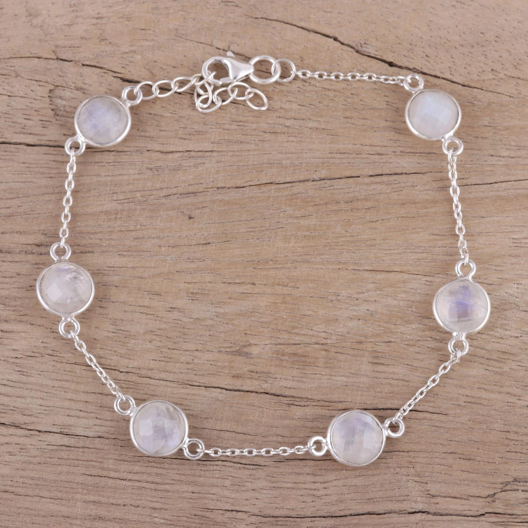 Glacial Opulence Rainbow Moonstone and Sterling Silver Station Bracelet - Image 3