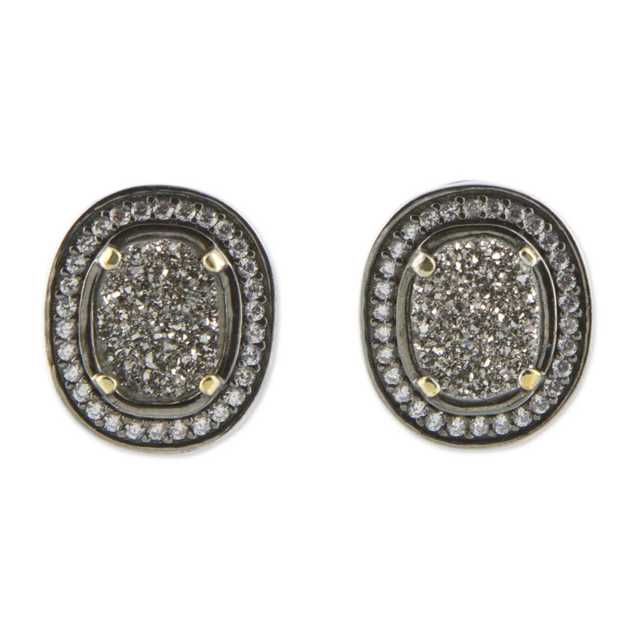 Glamorous Brazilian Drusy Agate and Silver Round Earrings with CZ - Image 2