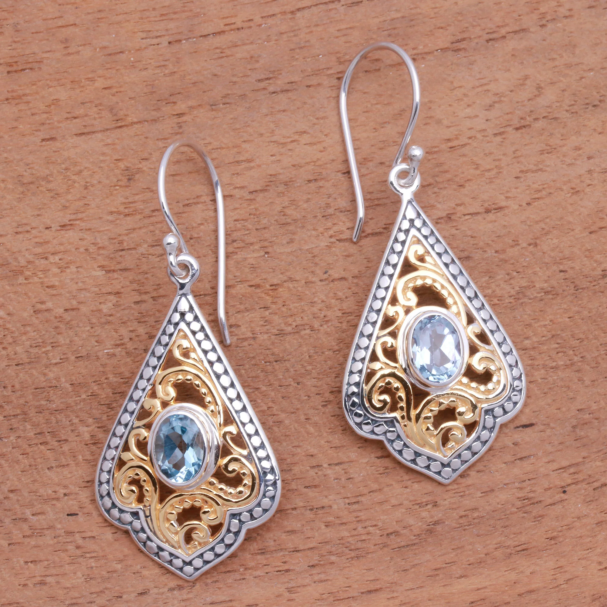 Glamorous Kites Swirl Pattern Gold Accented Blue Topaz Dangle Earrings - Image 3
