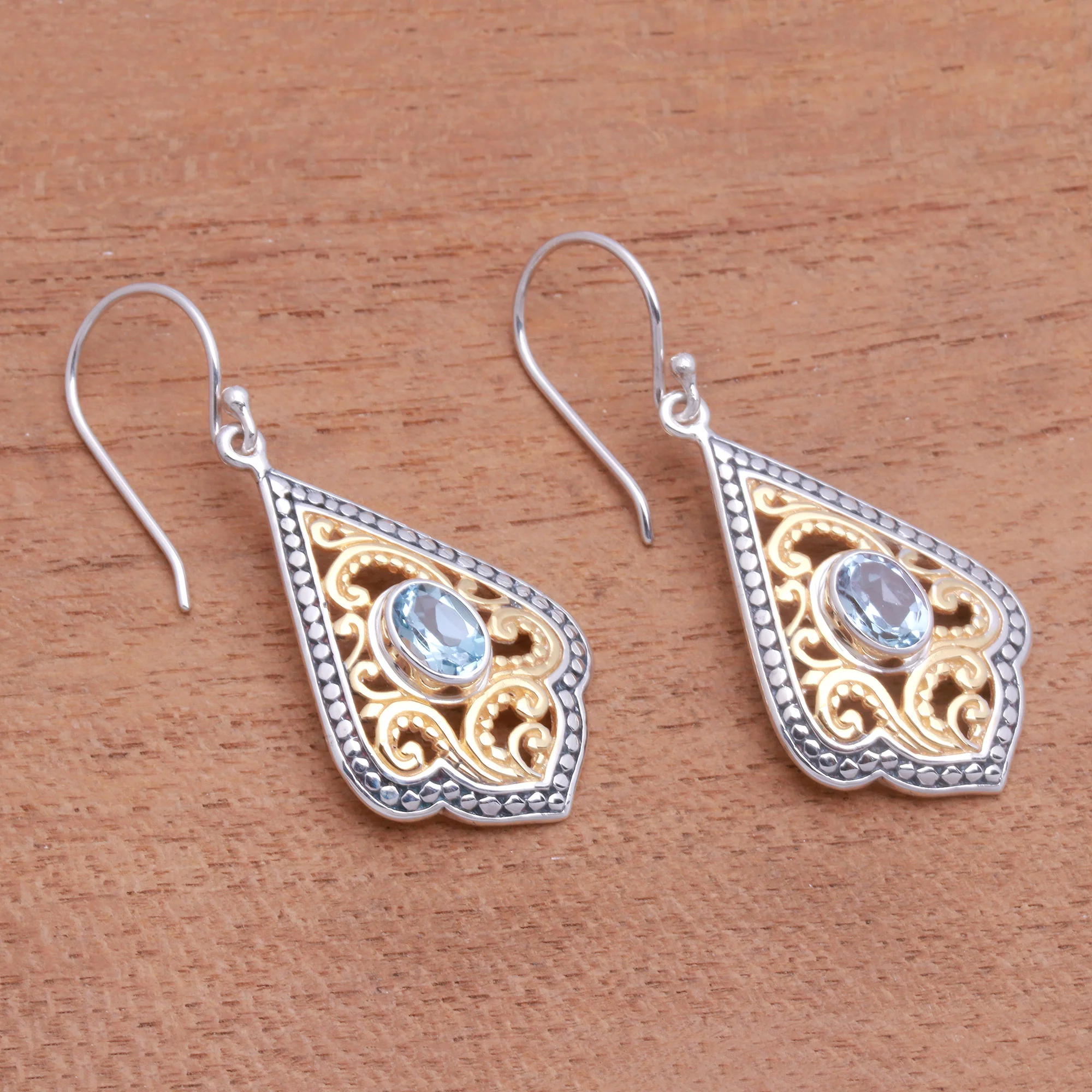 Glamorous Kites Swirl Pattern Gold Accented Blue Topaz Dangle Earrings - Image 4