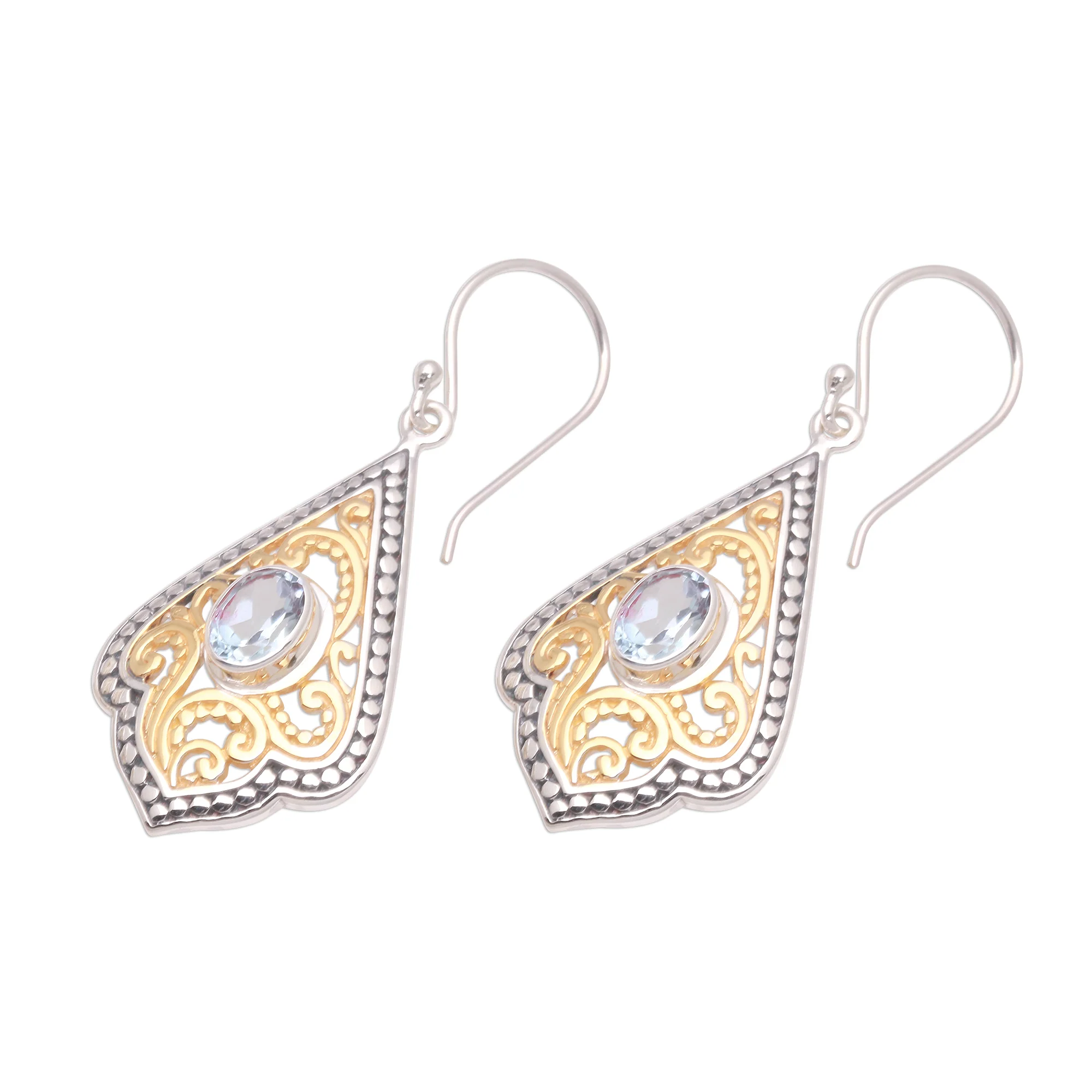 Glamorous Kites Swirl Pattern Gold Accented Blue Topaz Dangle Earrings - Image 5