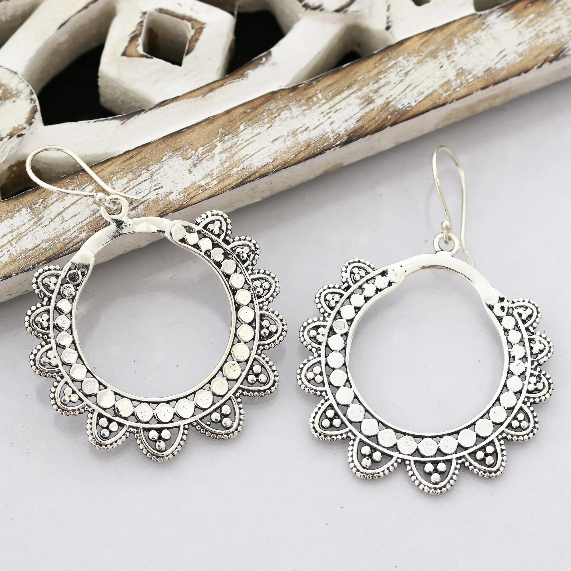 Glamorous Petals Petal Pattern Sterling Silver Dangle Earrings from India - Image 3