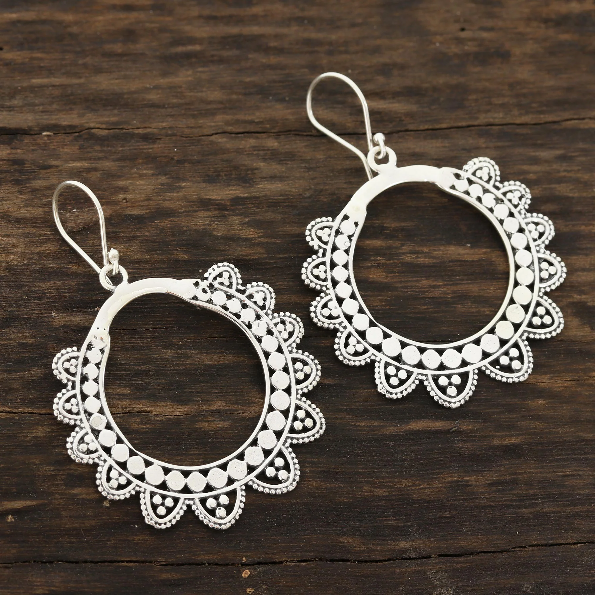 Glamorous Petals Petal Pattern Sterling Silver Dangle Earrings from India - Image 4