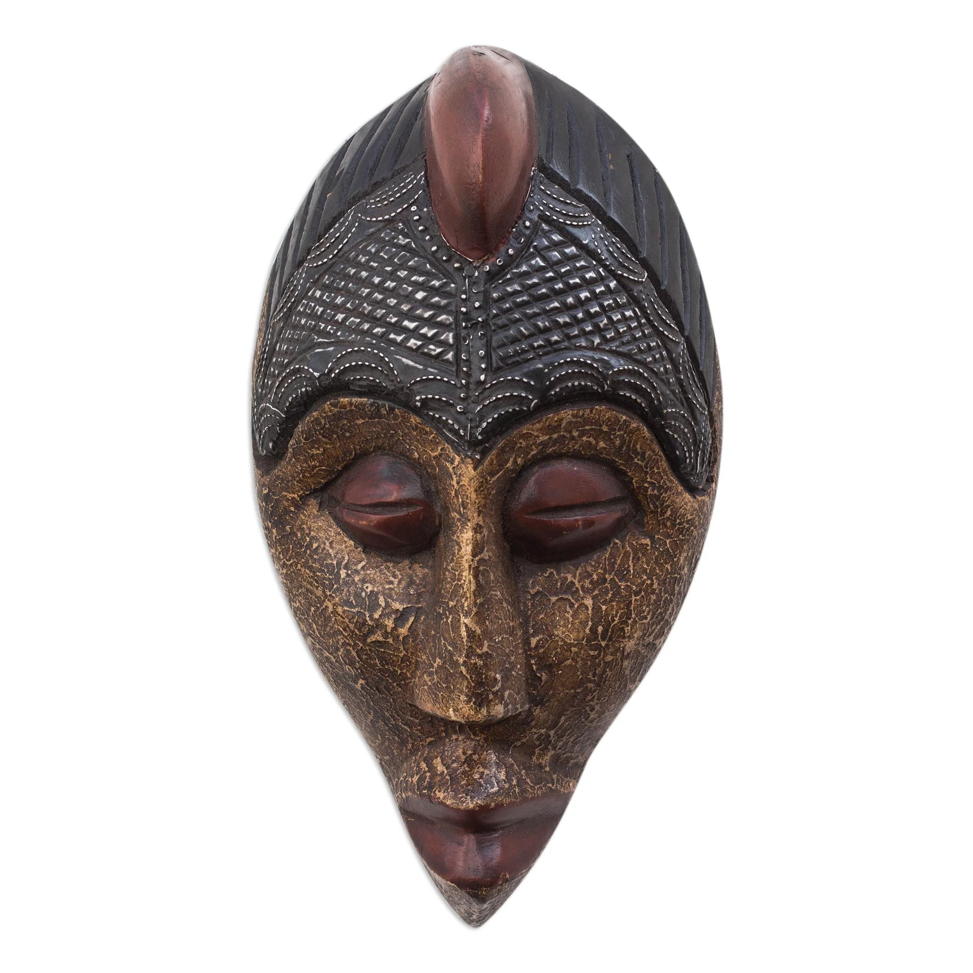 Gleaming Face Brass and Aluminum Accented African Wood Mask from Ghana - Image 2