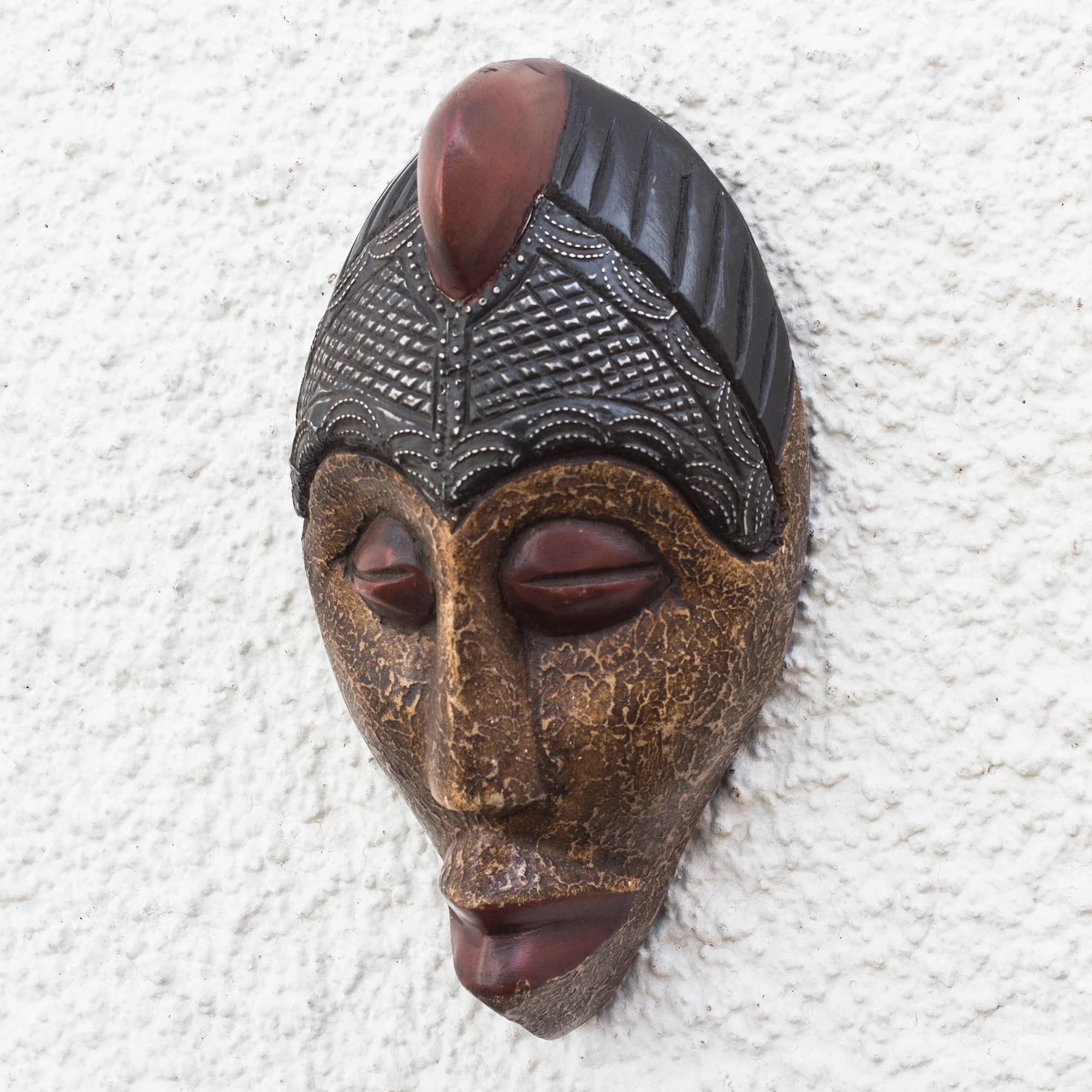 Gleaming Face Brass and Aluminum Accented African Wood Mask from Ghana - Image 3