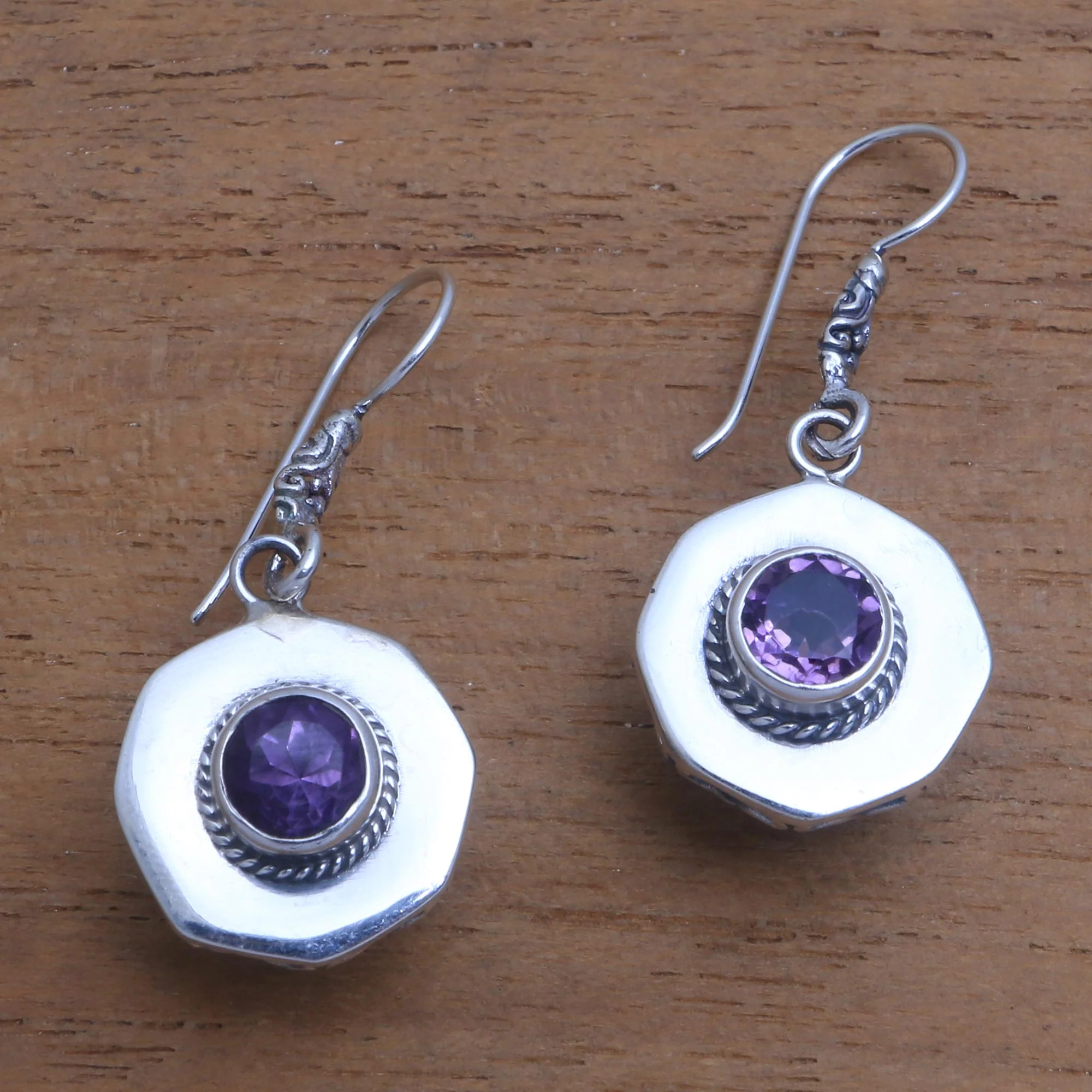 Gleaming Lanterns Circular Amethyst Dangle Earrings from Bali - Image 3