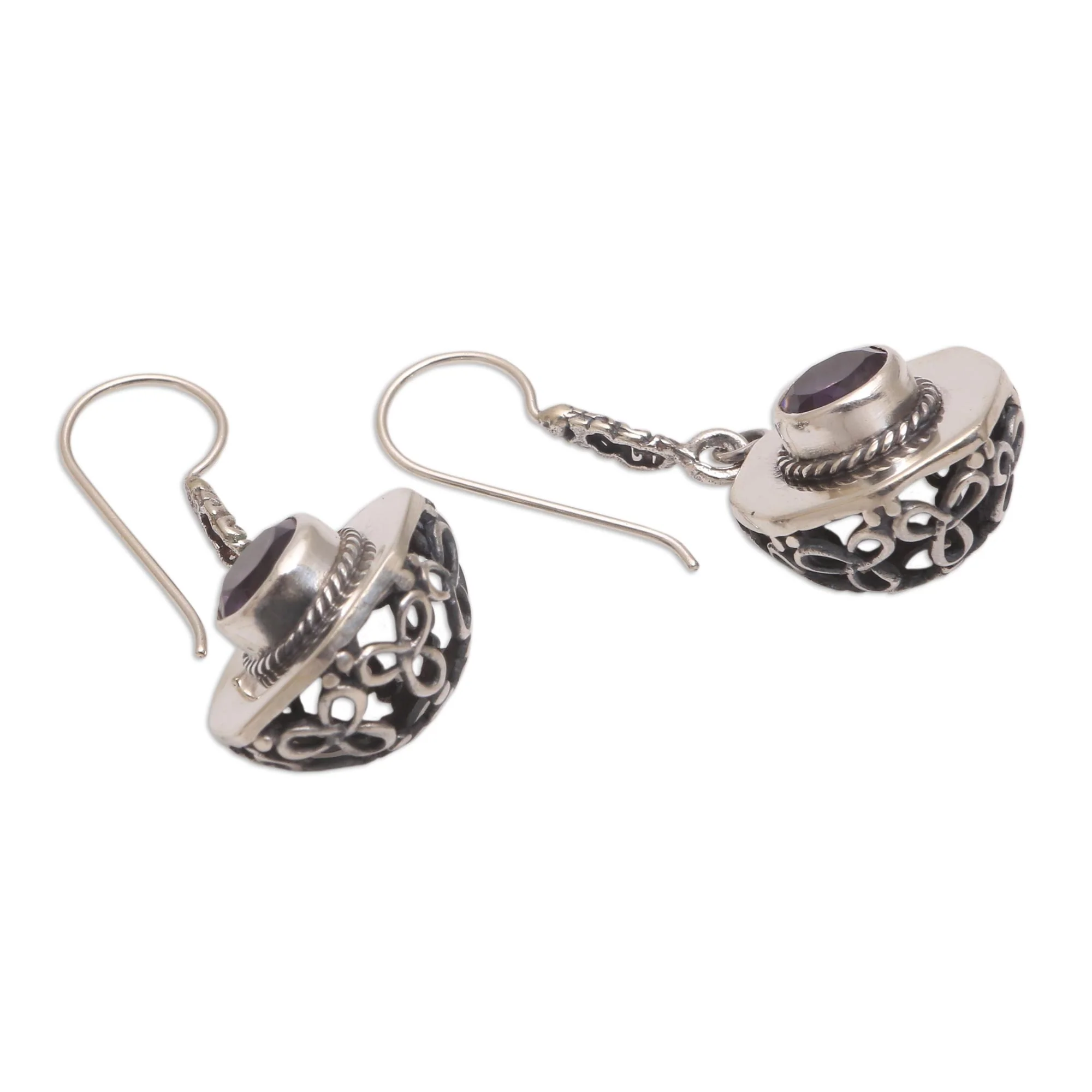 Gleaming Lanterns Circular Amethyst Dangle Earrings from Bali - Image 4