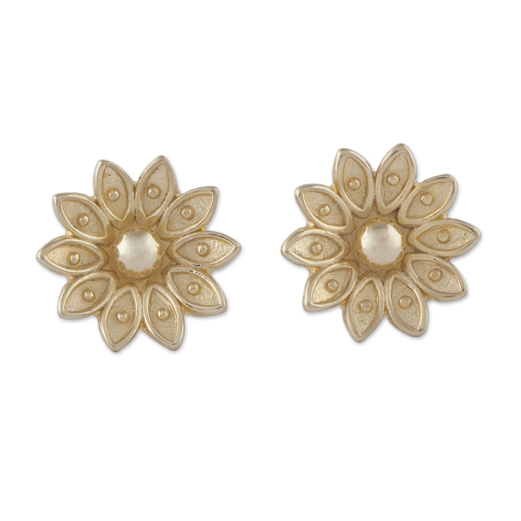 Gleaming Lotus Floral Gold Plated Sterling Silver Stud Earrings from Peru - Image 2