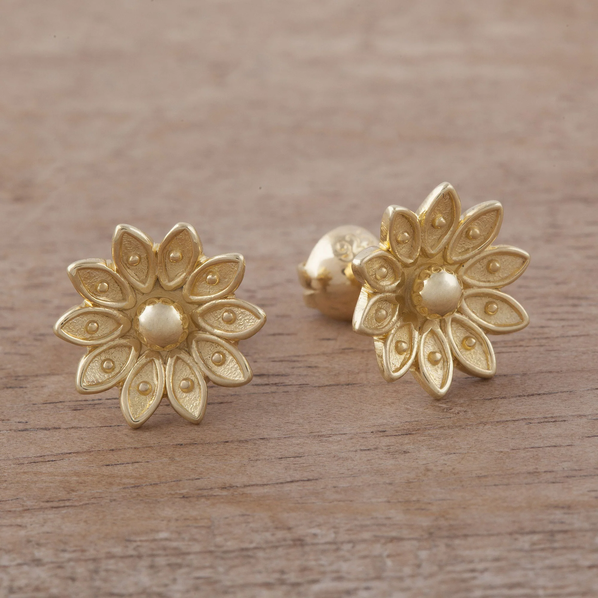 Gleaming Lotus Floral Gold Plated Sterling Silver Stud Earrings from Peru - Image 3