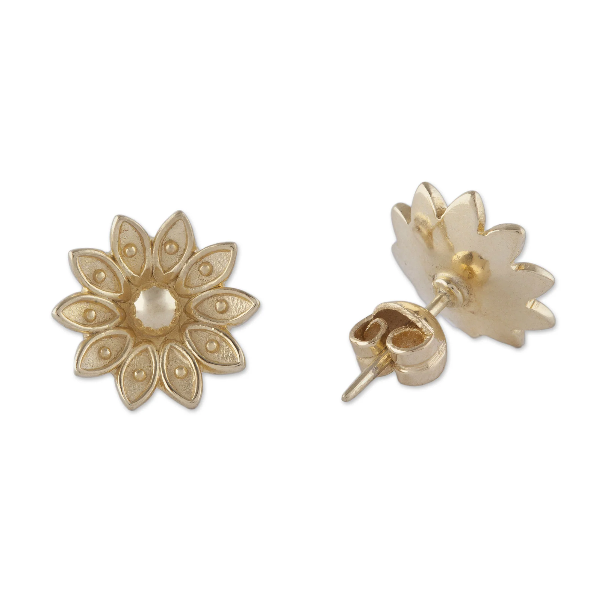 Gleaming Lotus Floral Gold Plated Sterling Silver Stud Earrings from Peru - Image 4