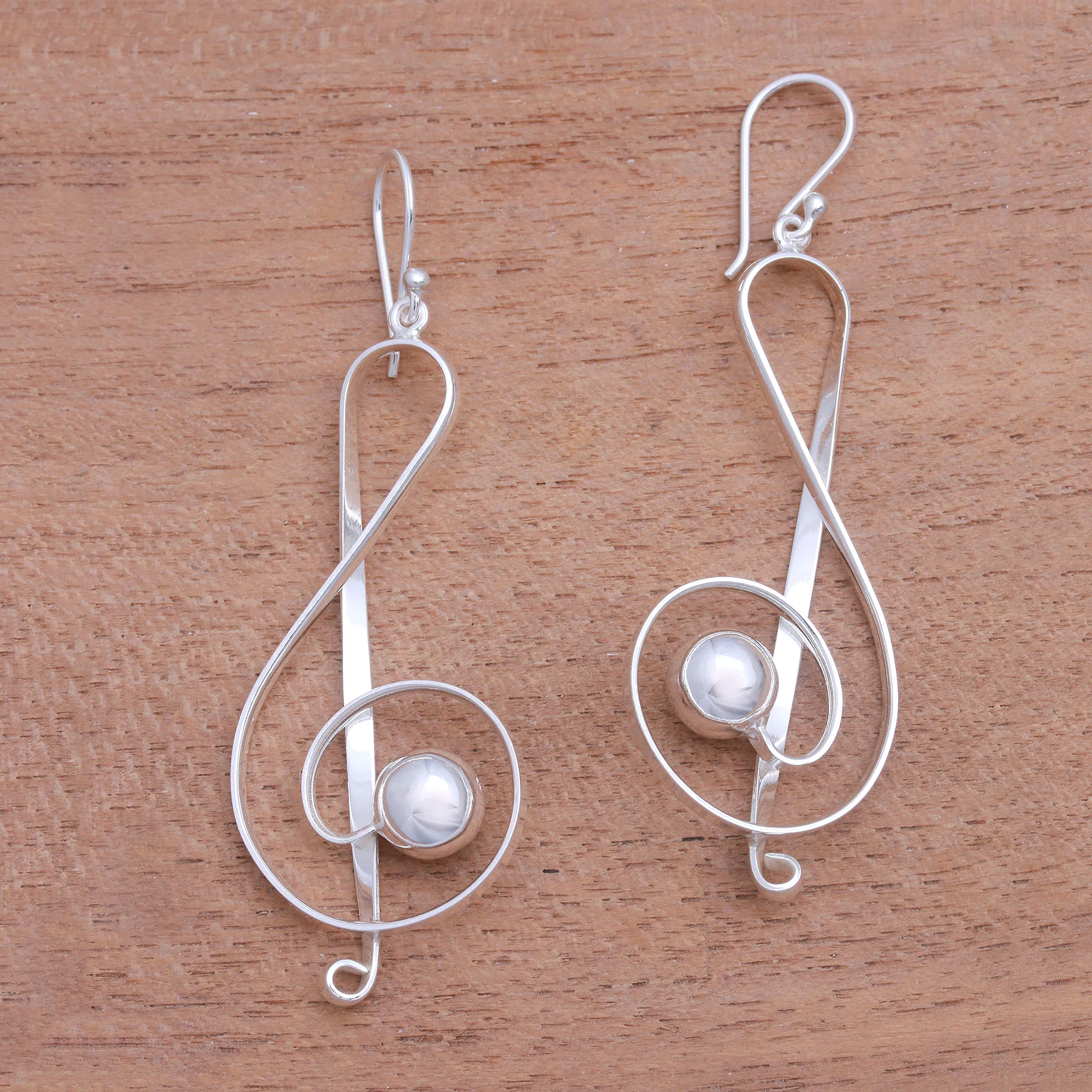Gleaming Melody Sterling Silver Treble Clef Dangle Earrings from Bali - Image 3