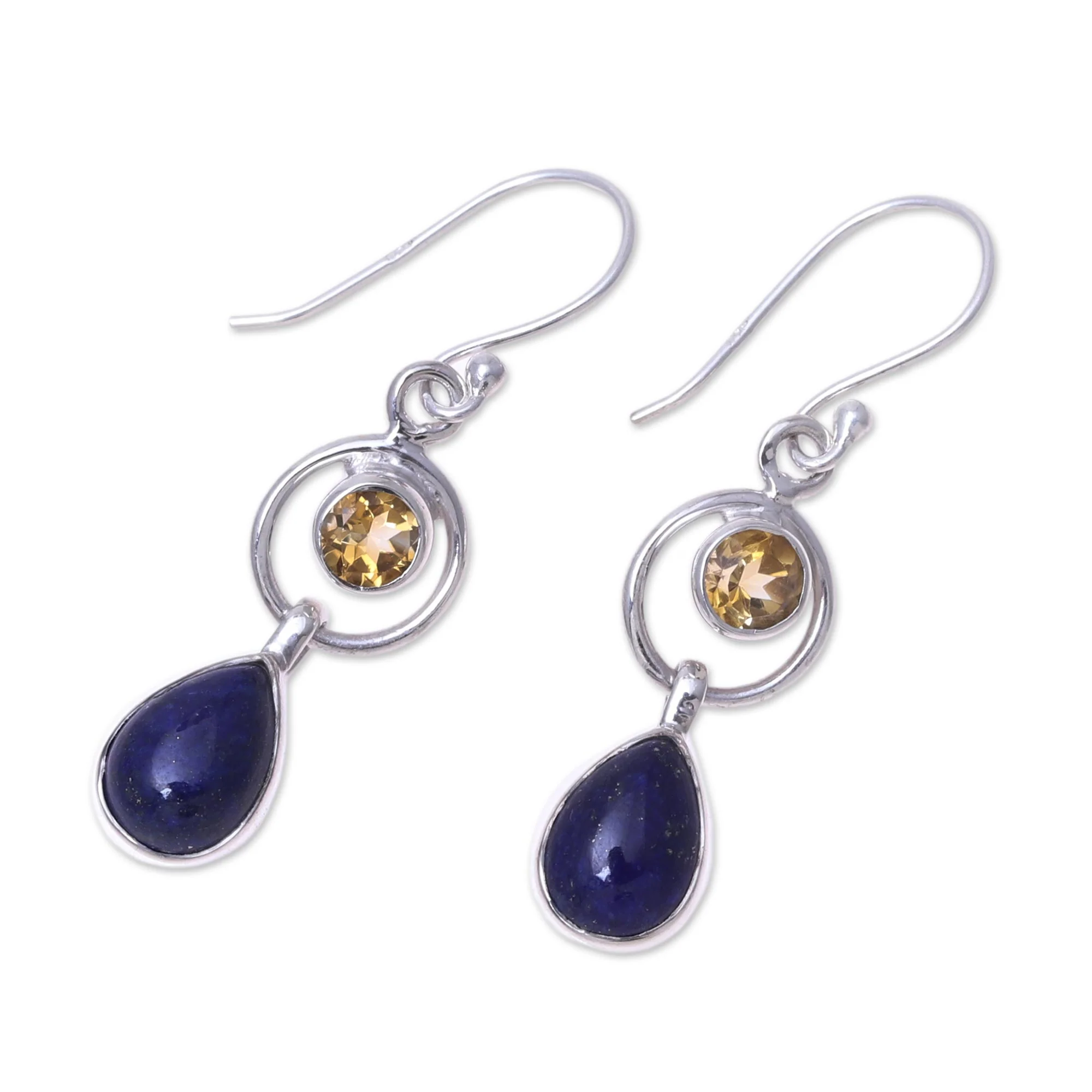 Gleaming Midnight Lapis Lazuli and Citrine Dangle Earrings from India - Image 4