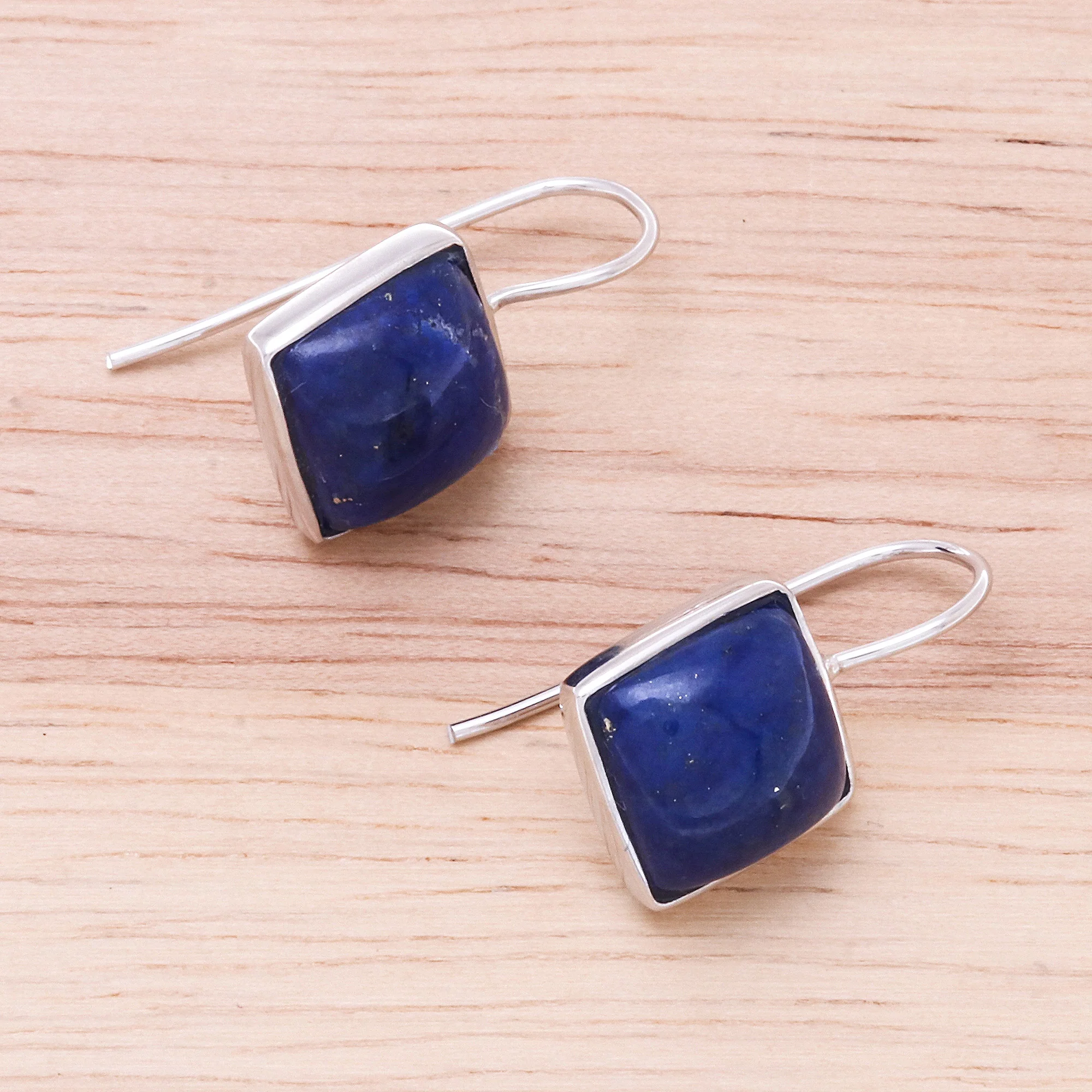Gleaming Squares Rhodium Plated Lapis Lazuli Drop Earrings from Thailand - Image 3