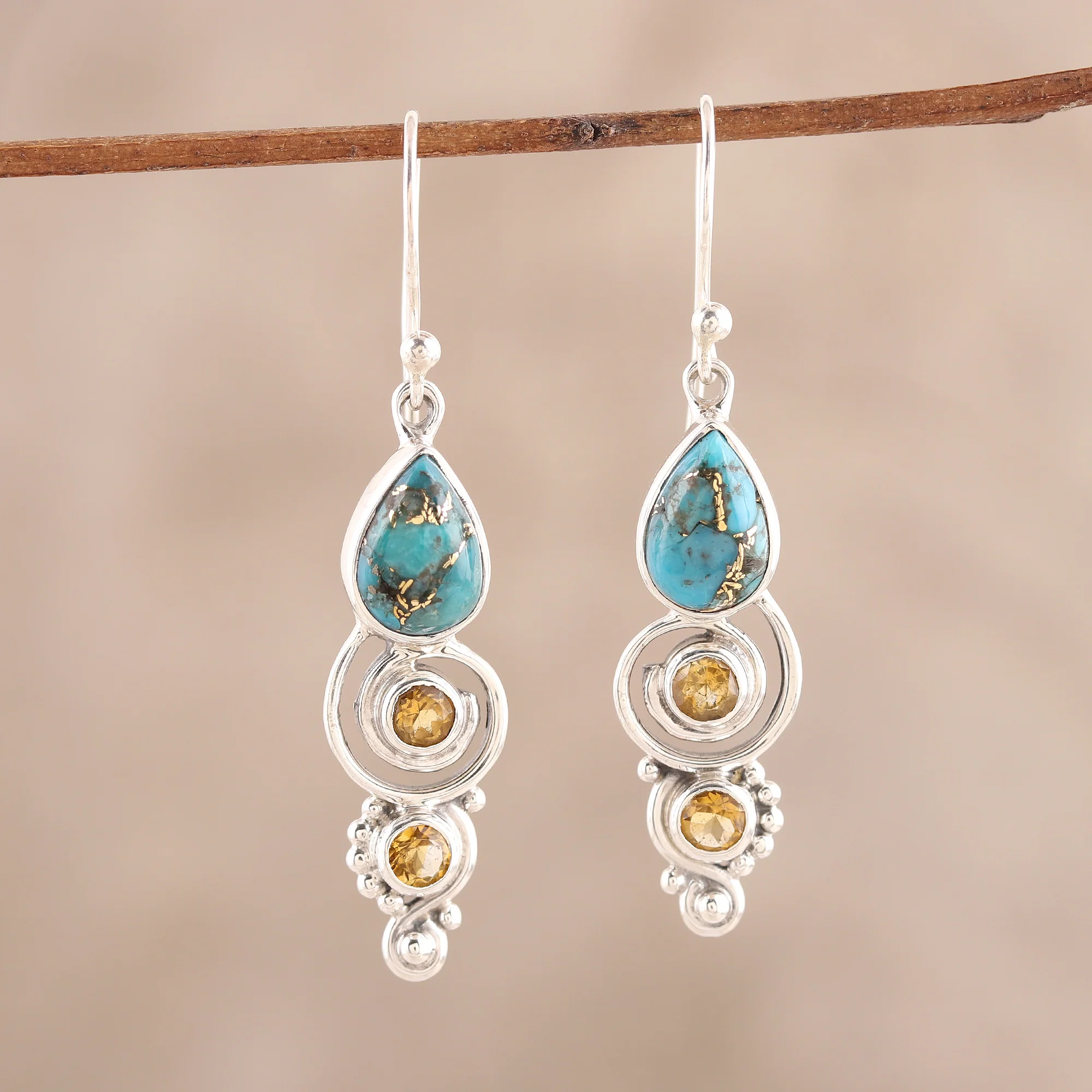 Glistening Curl Citrine and Composite Turquoise Dangle Earrings from India